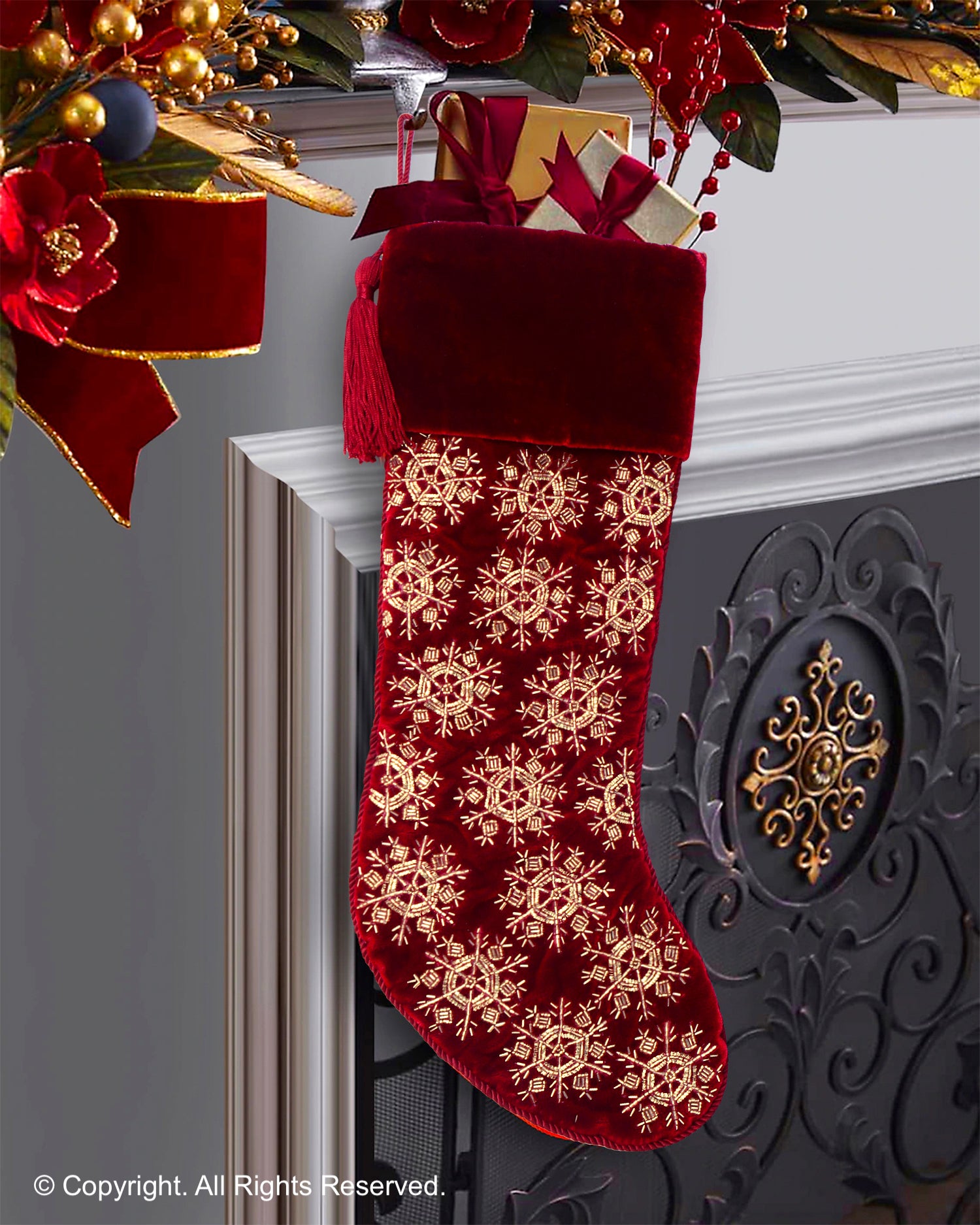 PERSONALISED BEADED SNOWFLAKE RED VELVET CHRISTMAS STOCKING