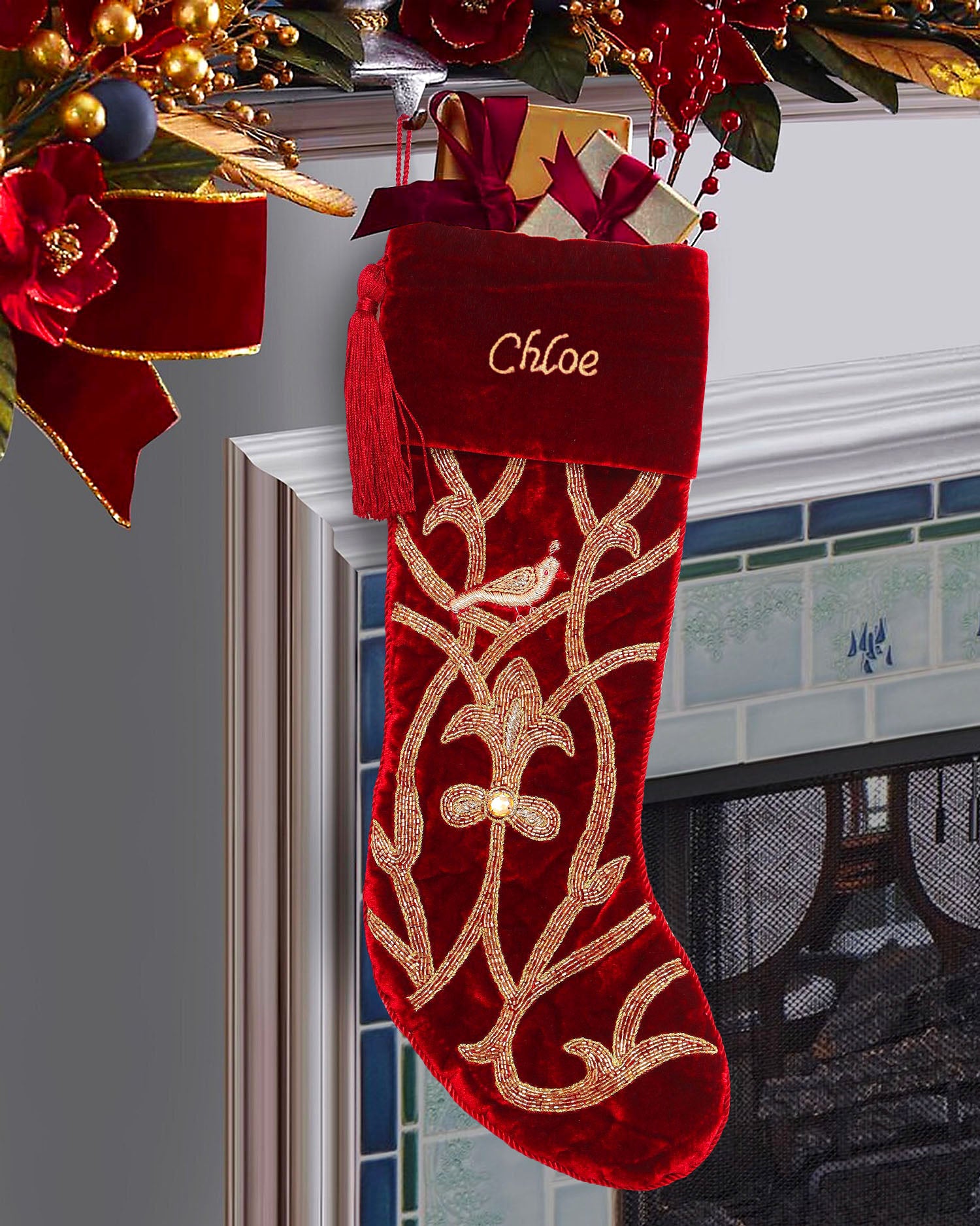 PERSONALISED Partridge Bird RED VELVET CHRISTMAS STOCKING