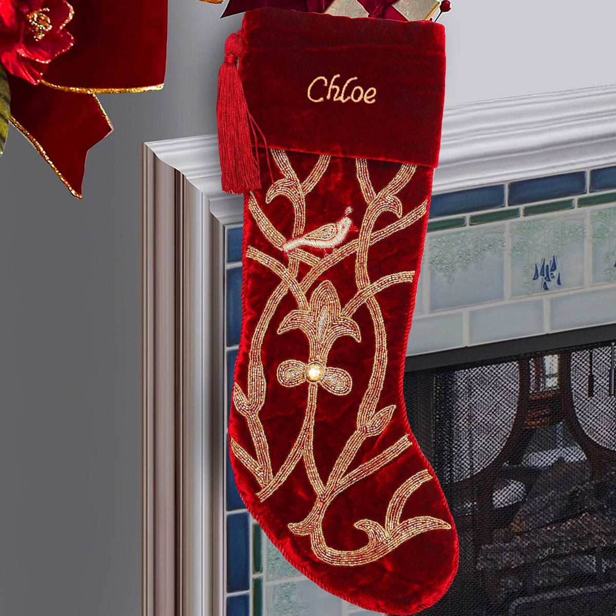PERSONALISED Partridge Bird RED VELVET CHRISTMAS STOCKING