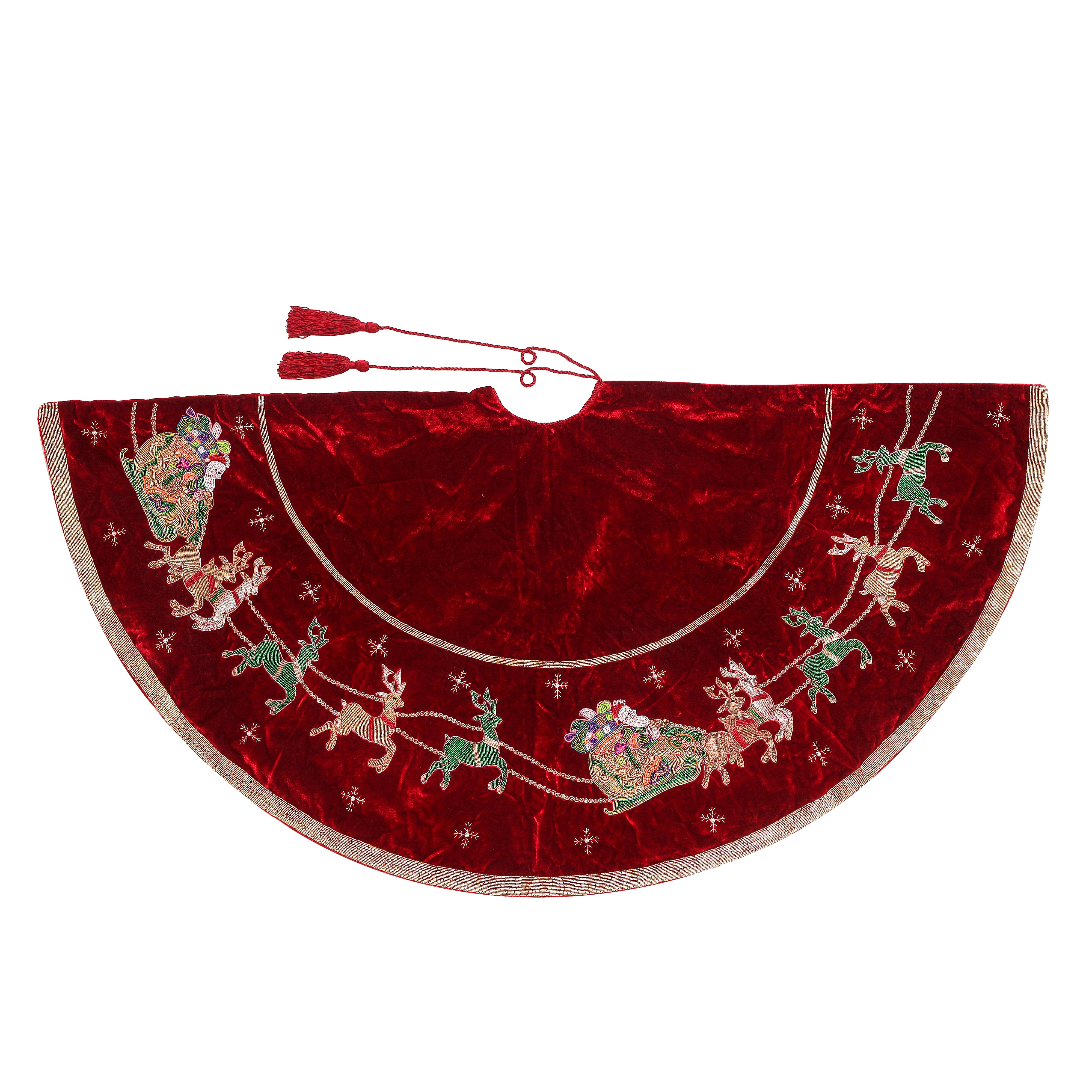 Red Velvet Christmas Tree Skirt & Matching Christmas Stocking Set with Santa Reindeer Carriage