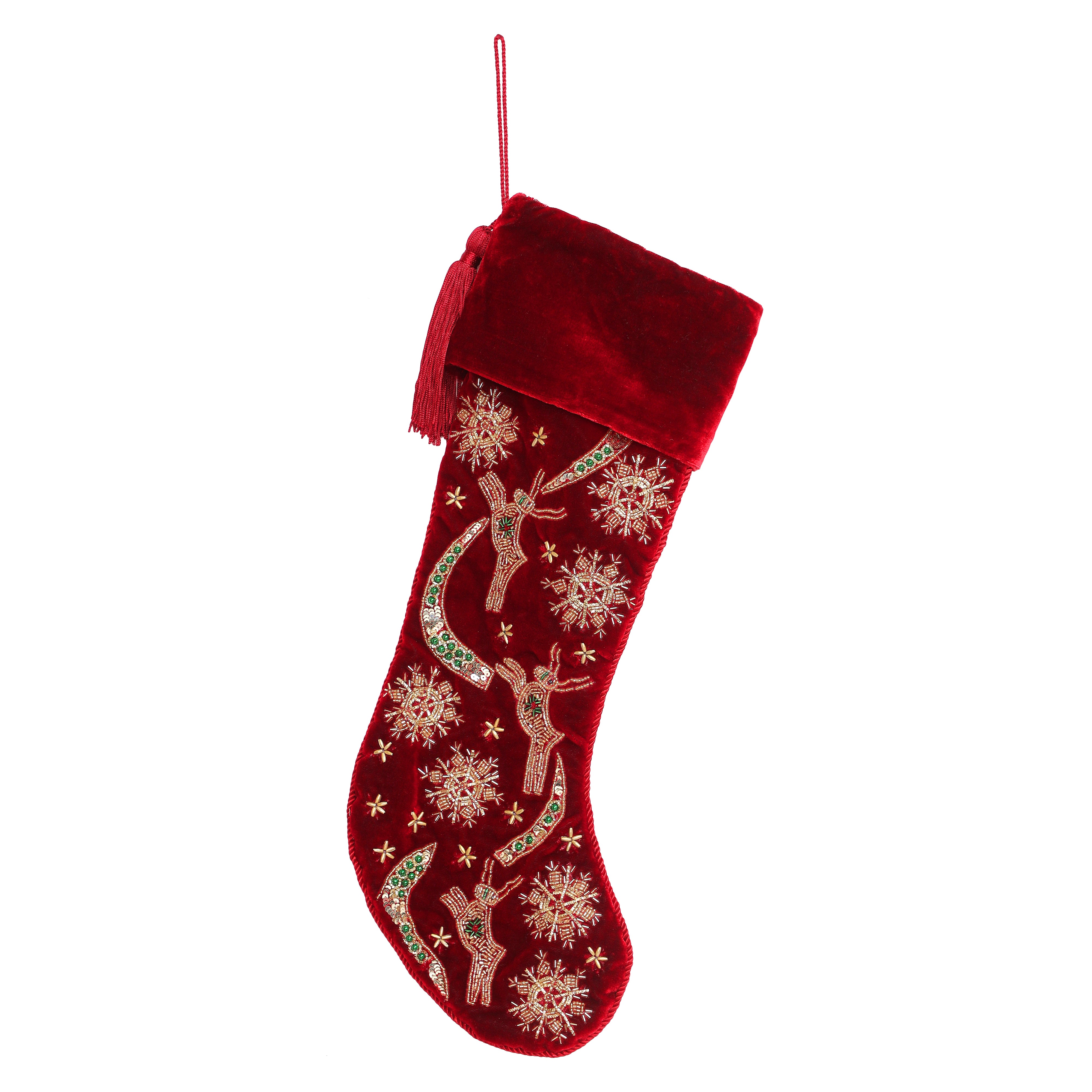PERSONALISED REINDEER SNOWFLAKE RED VELVET CHRISTMAS STOCKING