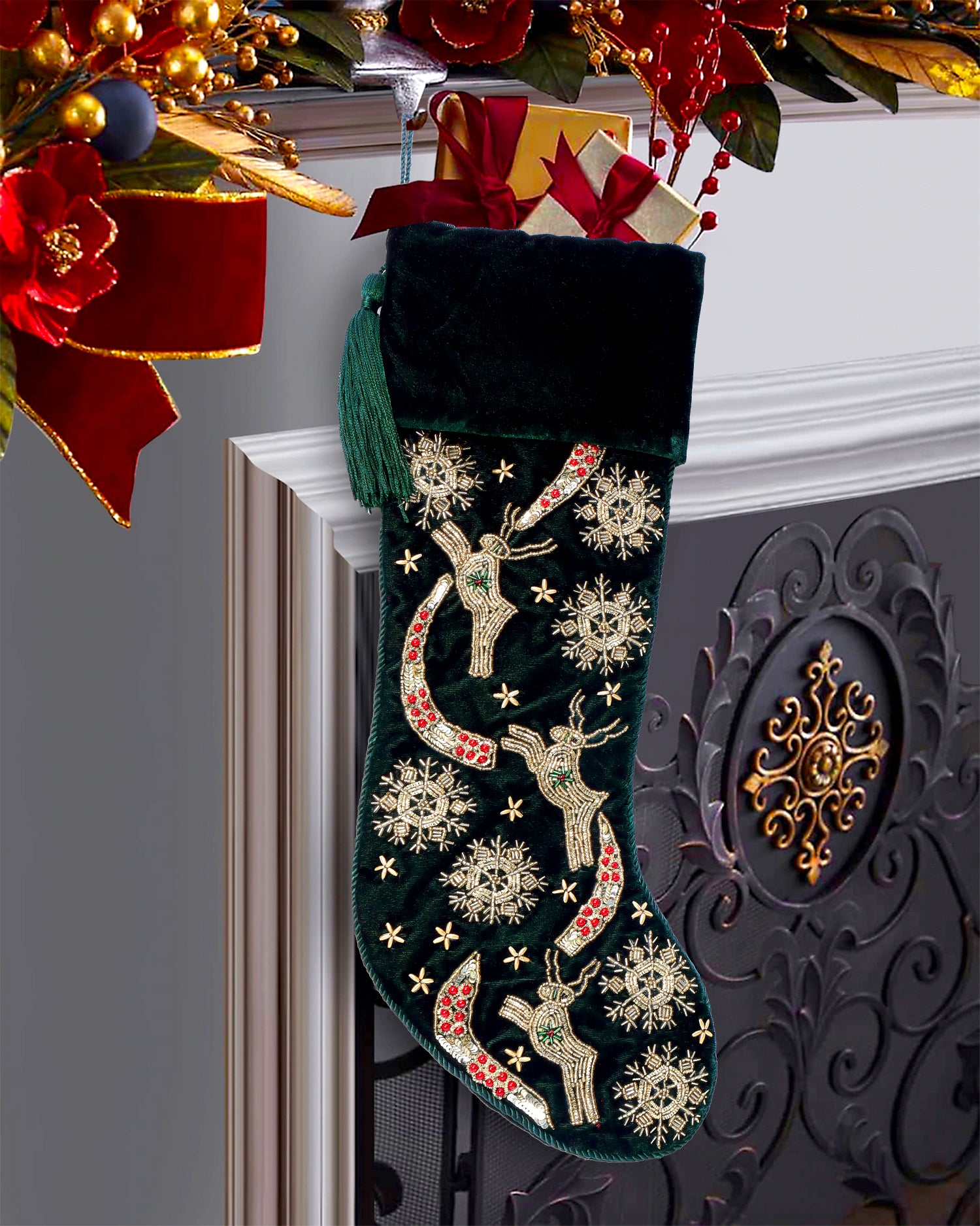 PERSONALISED REINDEER SNOWFLAKE GREEN VELVET CHRISTMAS STOCKING