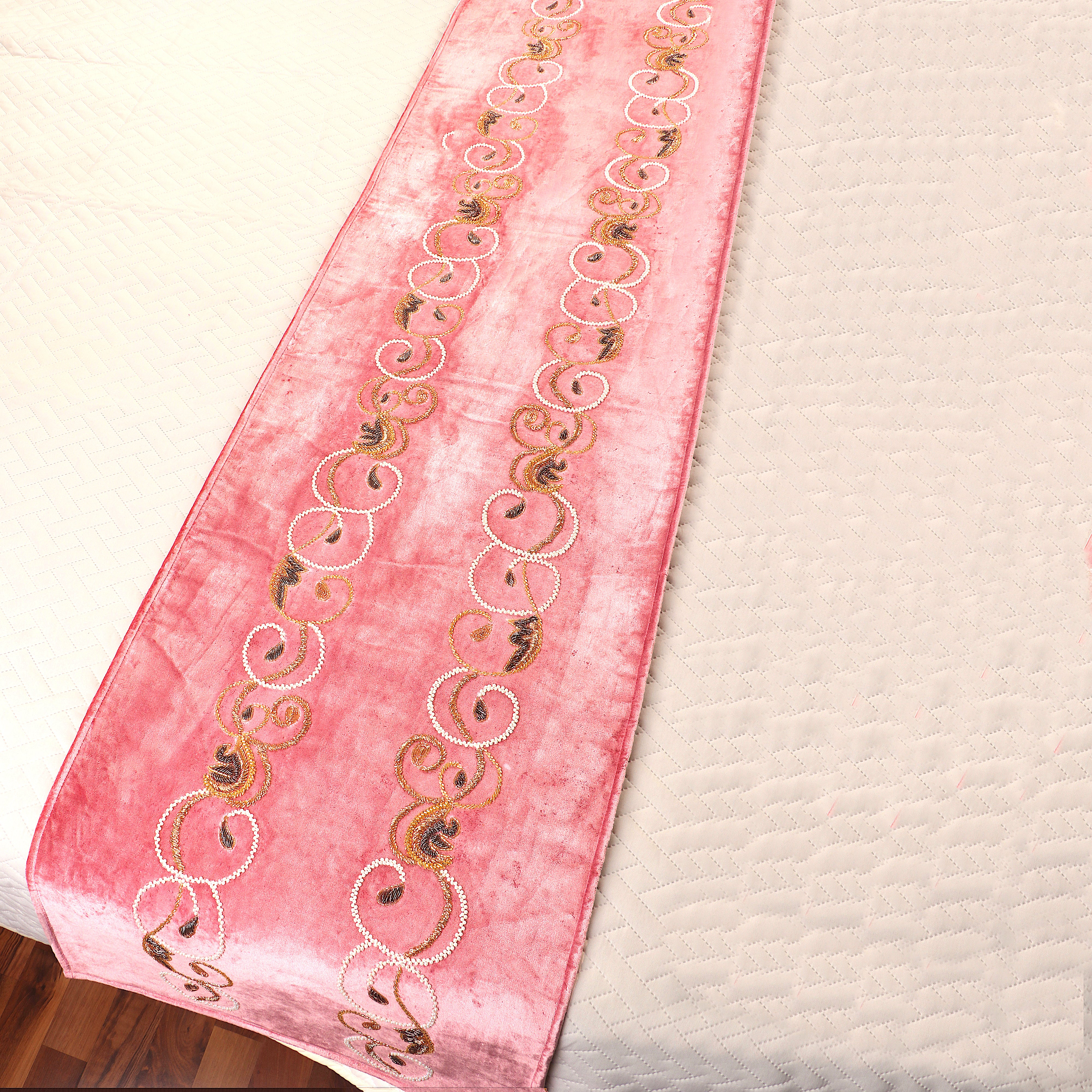Autumn Swirl -Rose pink Velvet Bed runner With Matching Decorative Throw Pillows Handbeaded in swirl leaf pattern