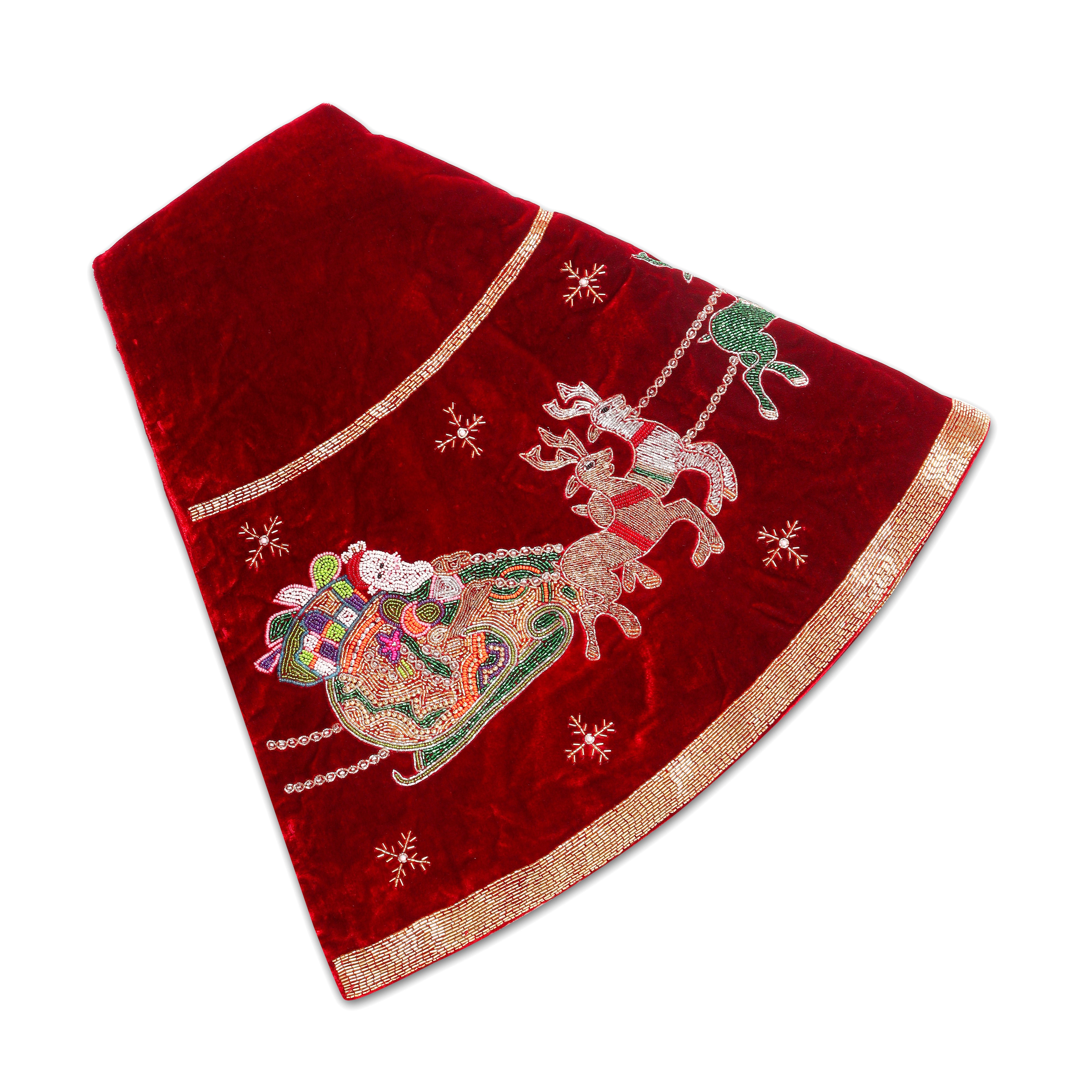 Santa Reindeer Carriage- Red Velvet Christmas Tree Skirt