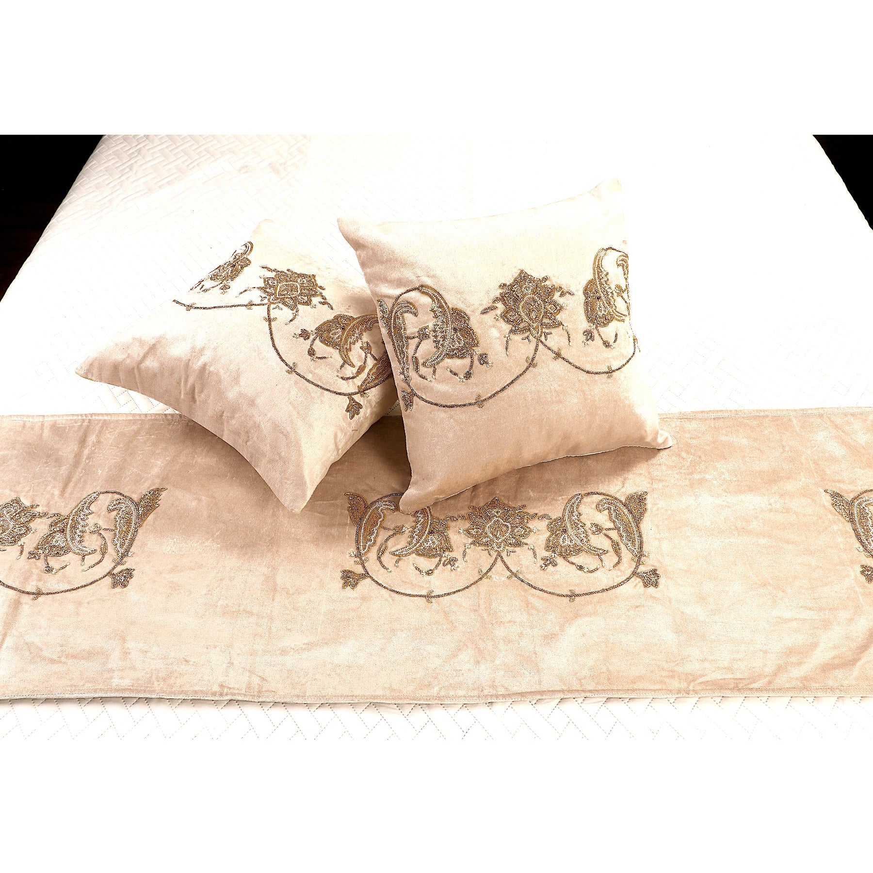 The Victorian Beige Velvet Bed Runner With Matching Decorative Throw Pillows Beaded in victorian Leaf