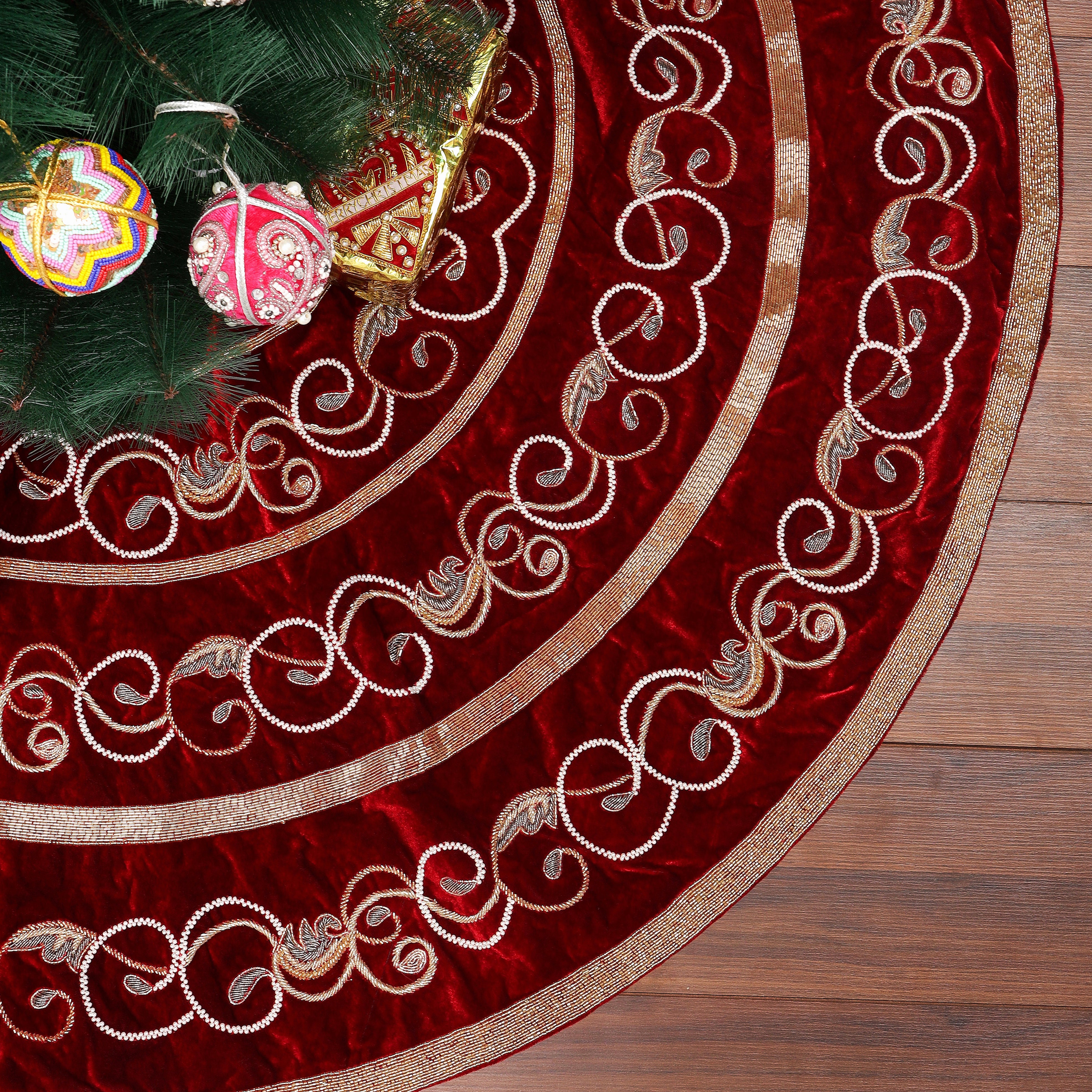 Swirl Charm Christmas Tree Skirt & Matching Red Velvet Christmas Stocking Set