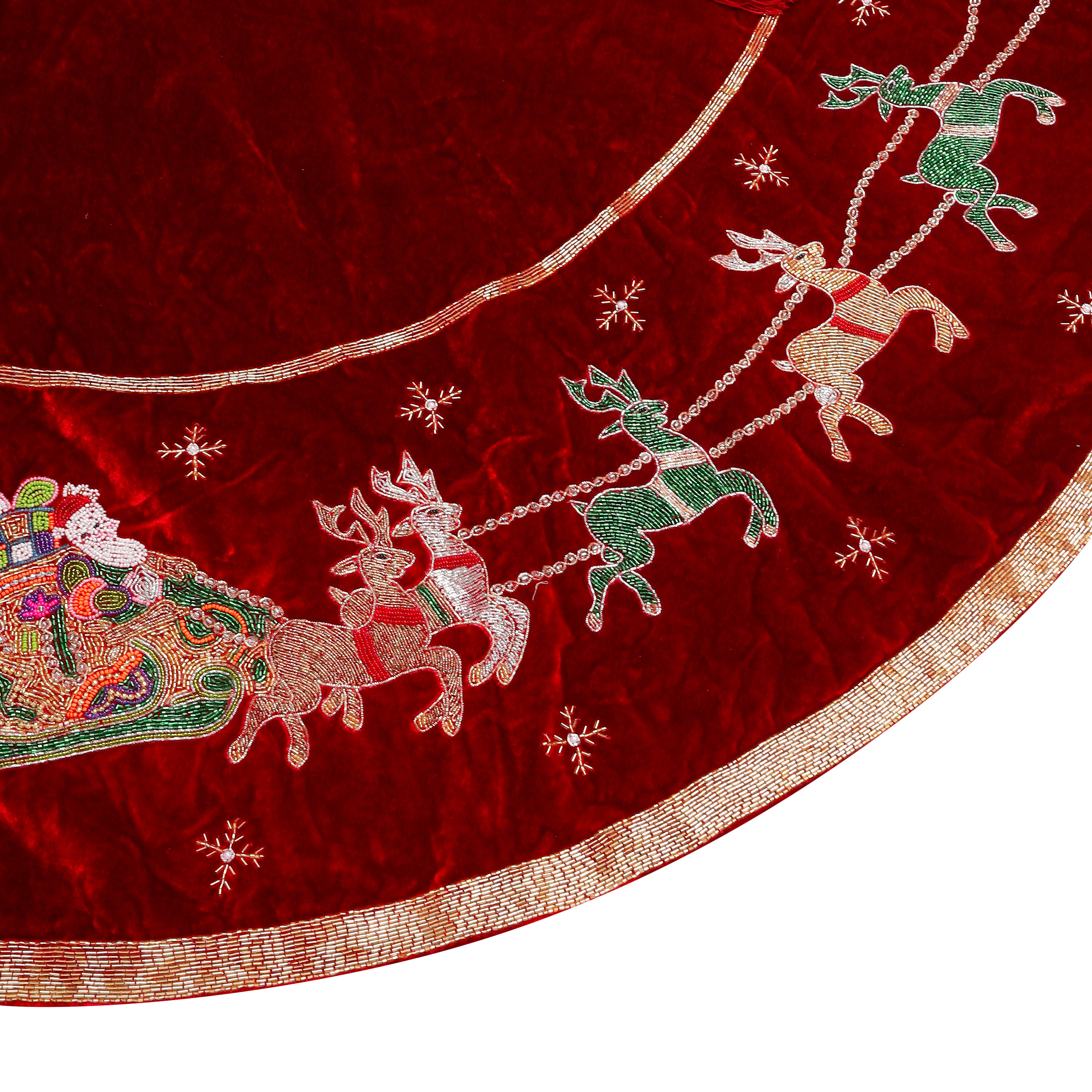 Santa Reindeer Carriage- Red Velvet Christmas Tree Skirt