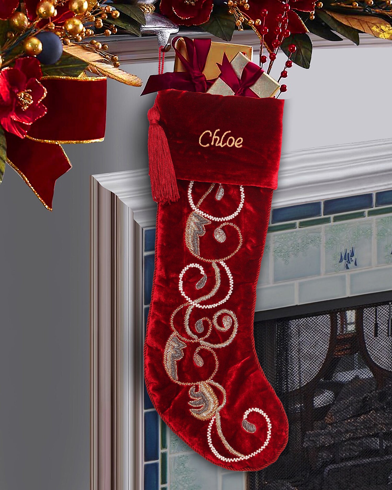 Swirl Charm Christmas Tree Skirt & Matching Red Velvet Christmas Stocking Set