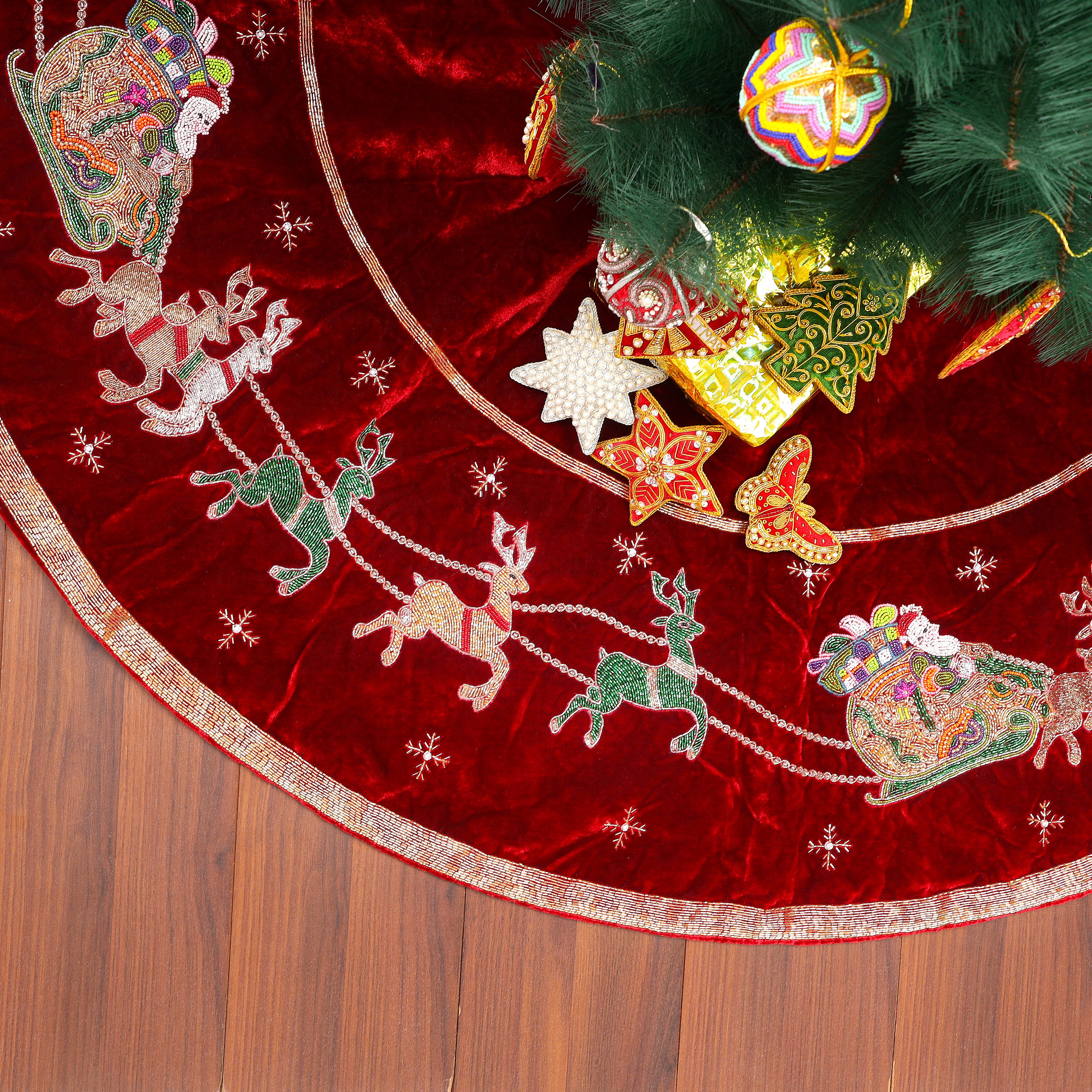 Red Velvet Christmas Tree Skirt & Matching Christmas Stocking Set with Santa Reindeer Carriage
