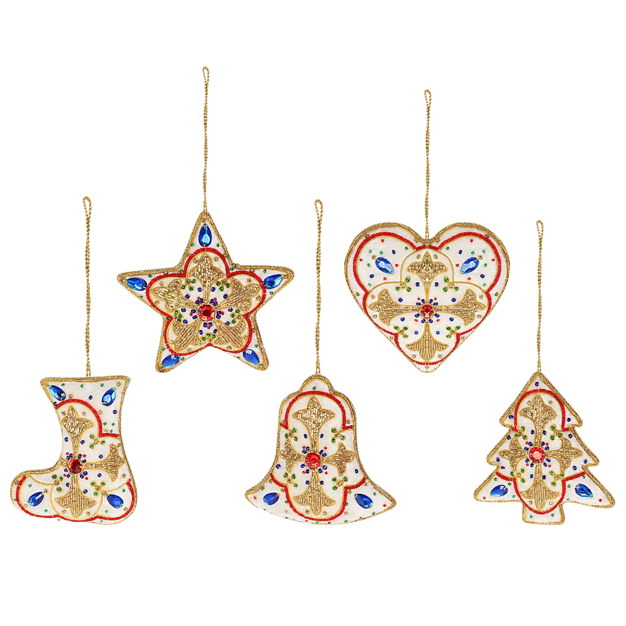 Snowy Sparkle - Stars, Hearts, Bell, Shoe & tree Christmas ornaments set of 5 pieces for holiday decor (1SET=5PC)