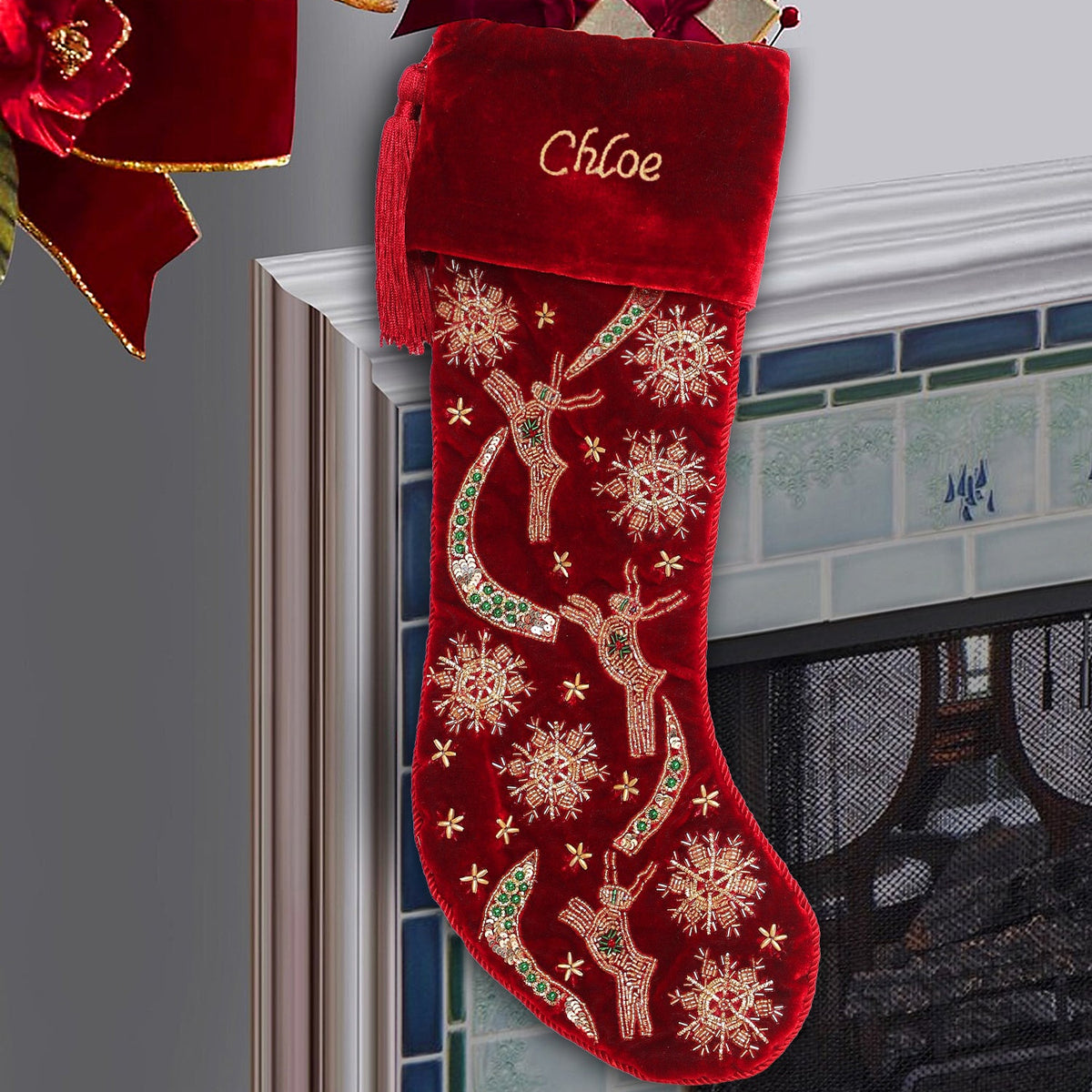 PERSONALISED REINDEER SNOWFLAKE RED VELVET CHRISTMAS STOCKING