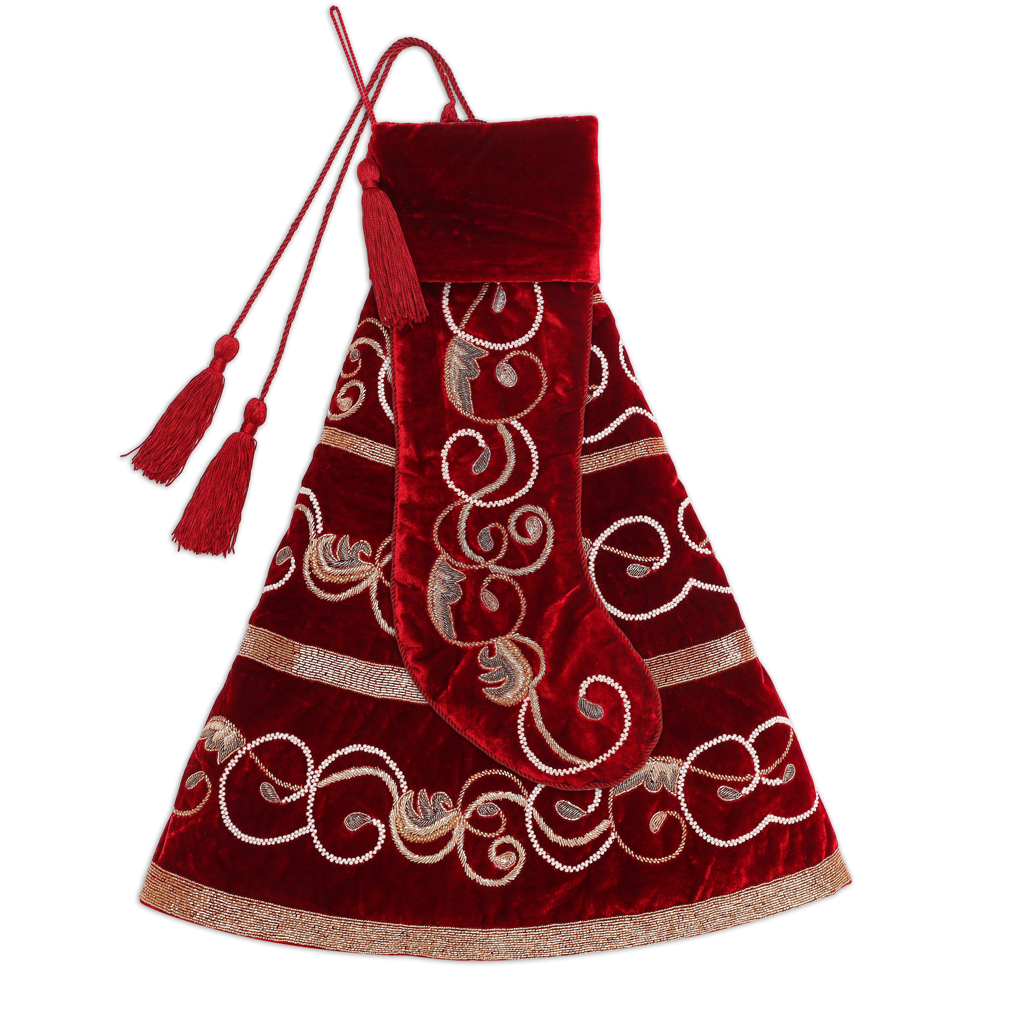 Swirl Charm Christmas Tree Skirt & Matching Red Velvet Christmas Stocking Set