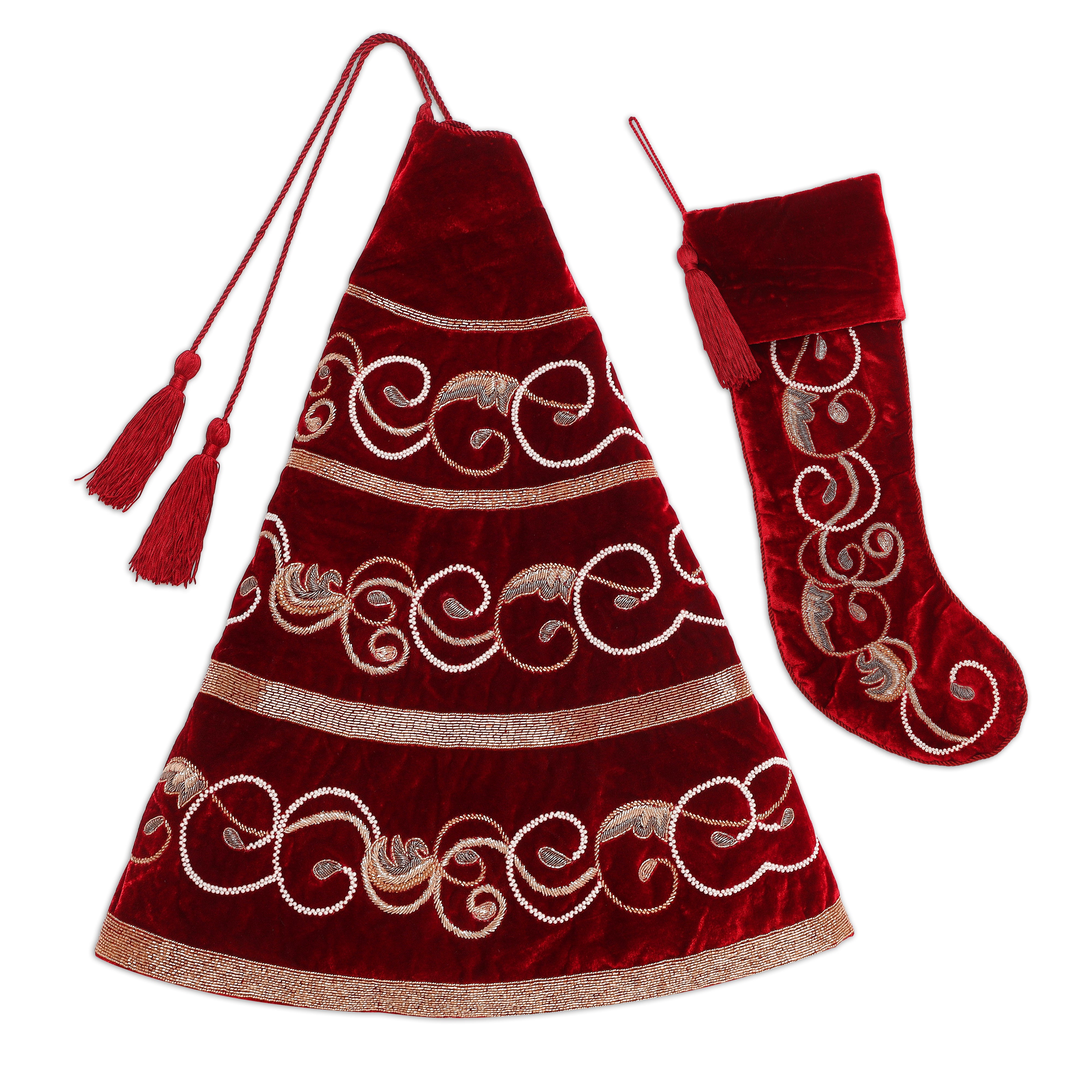 Swirl Charm Christmas Tree Skirt & Matching Red Velvet Christmas Stocking Set