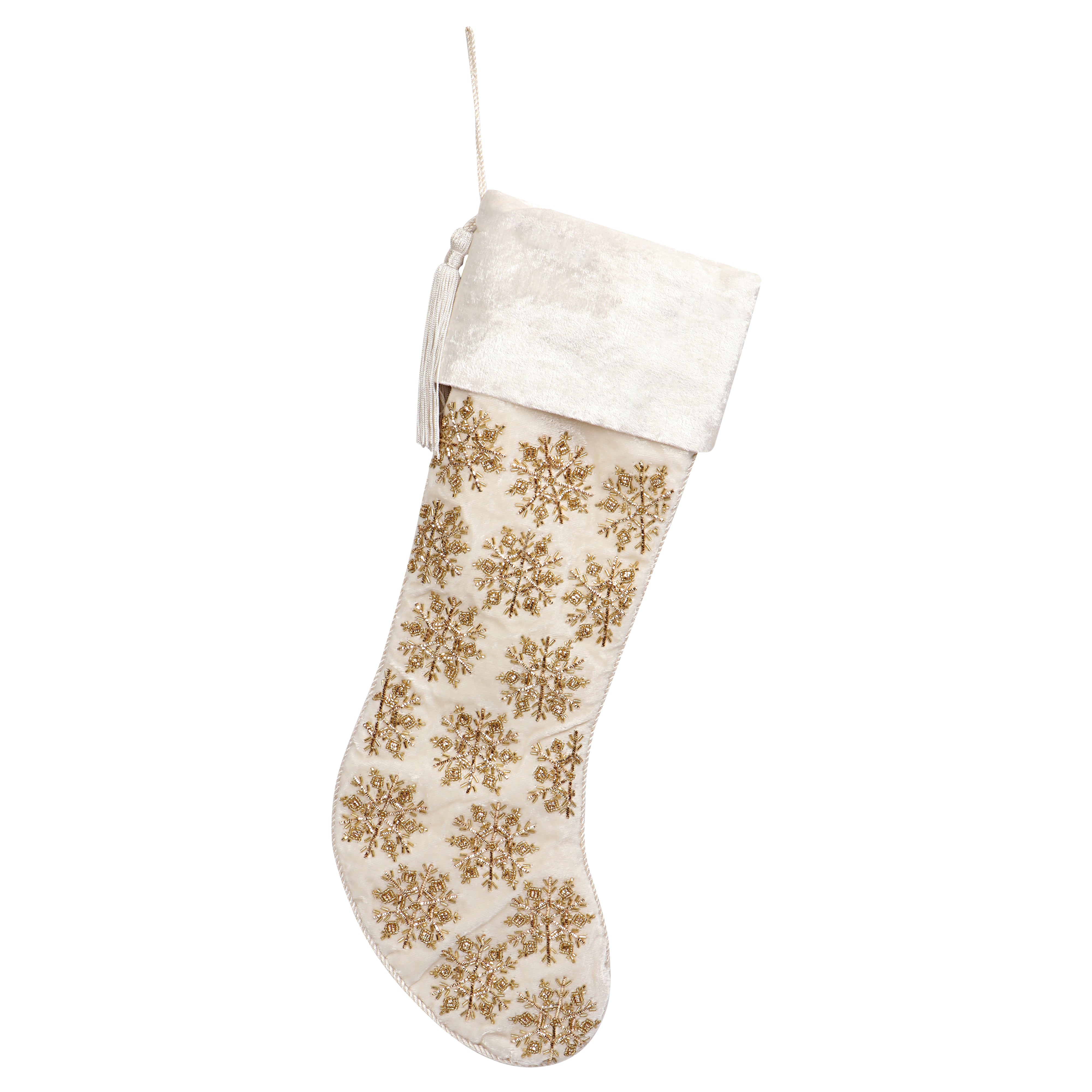 PERSONALISED BEADED SNOWFLAKE WHITE VELVET CHRISTMAS STOCKING
