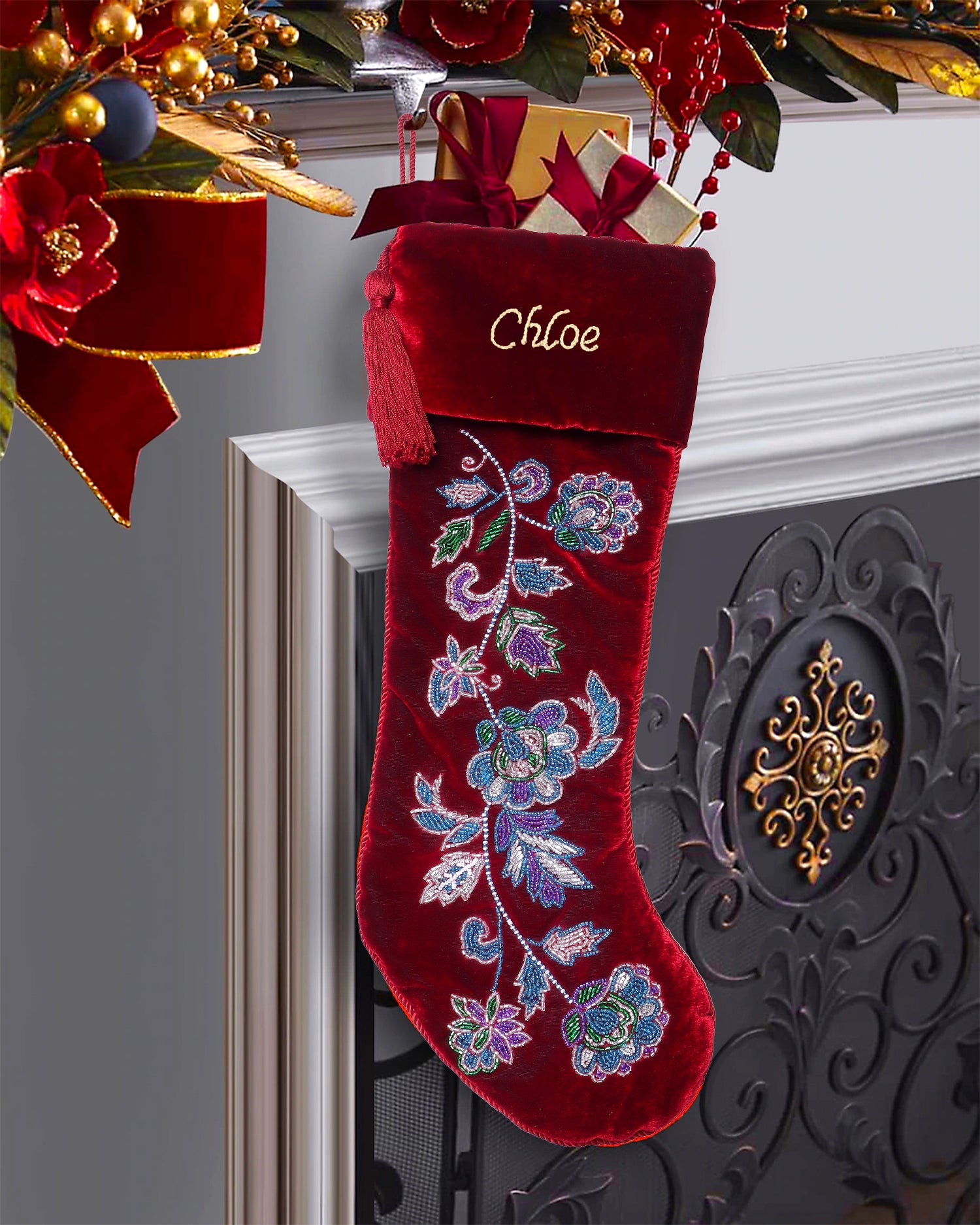 PERSONALISED RED FLORAL VELVET CHRISTMAS STOCKING