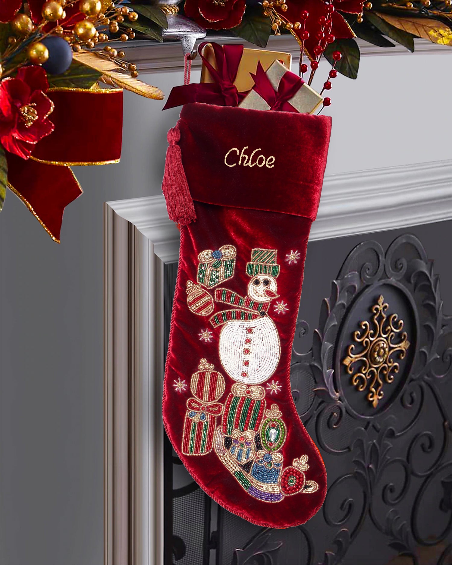 PERSONALISED SNOWMAN RED VELVET CHRISTMAS STOCKING