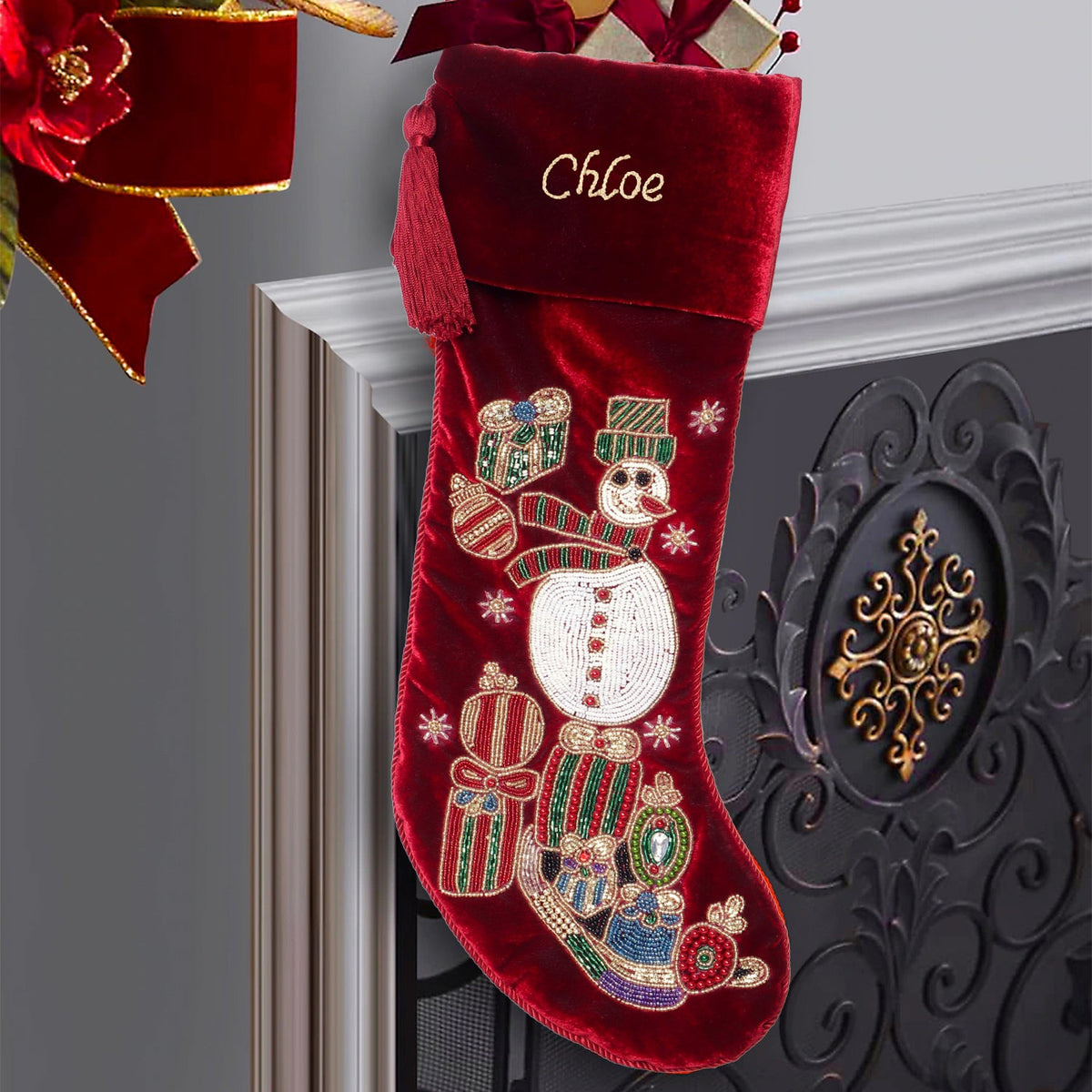 PERSONALISED SNOWMAN RED VELVET CHRISTMAS STOCKING