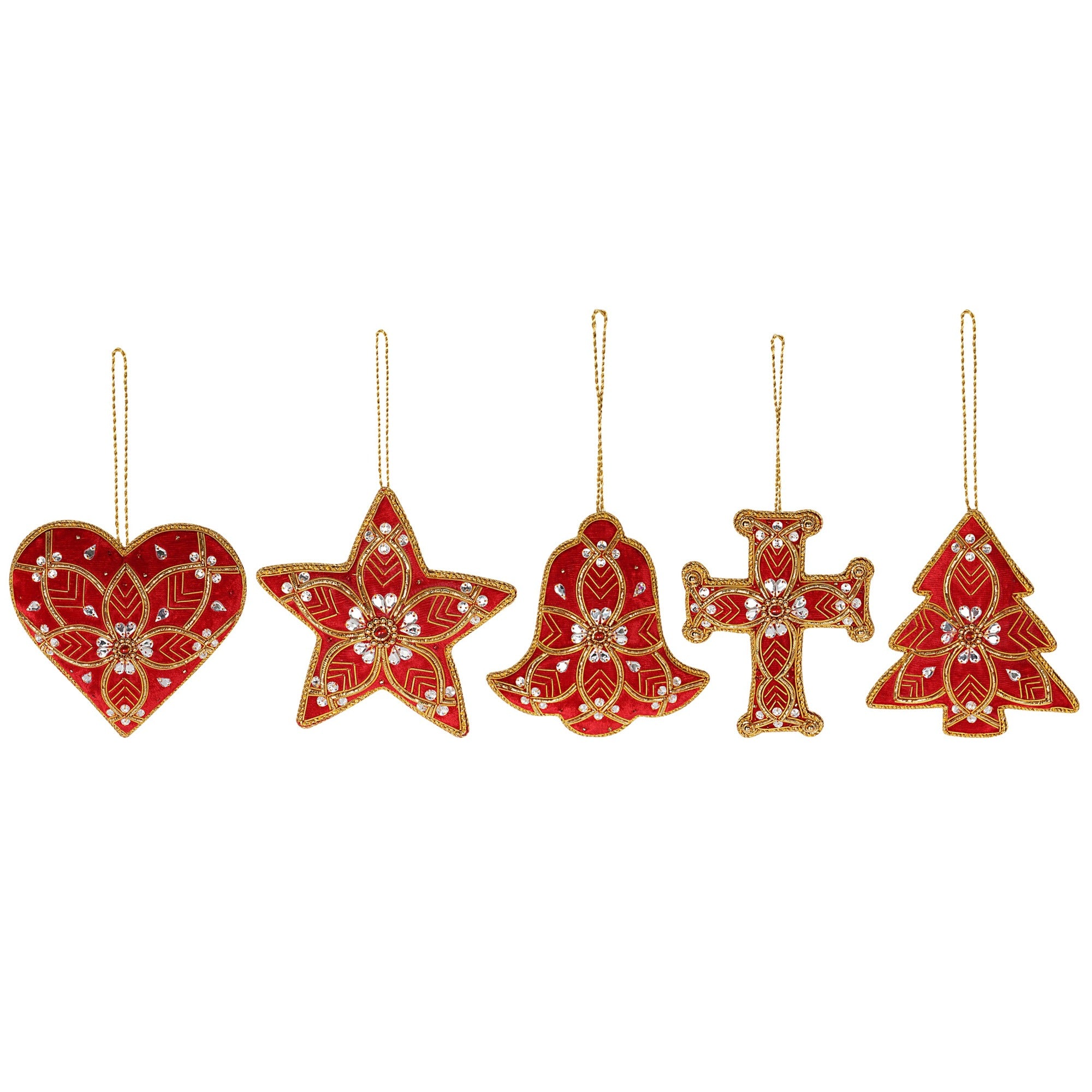 Holiday Fun-Stars, Hearts, Cross, Bell & tree Christmas ornaments set of 5 pieces for holiday decor (1SET=5PC)