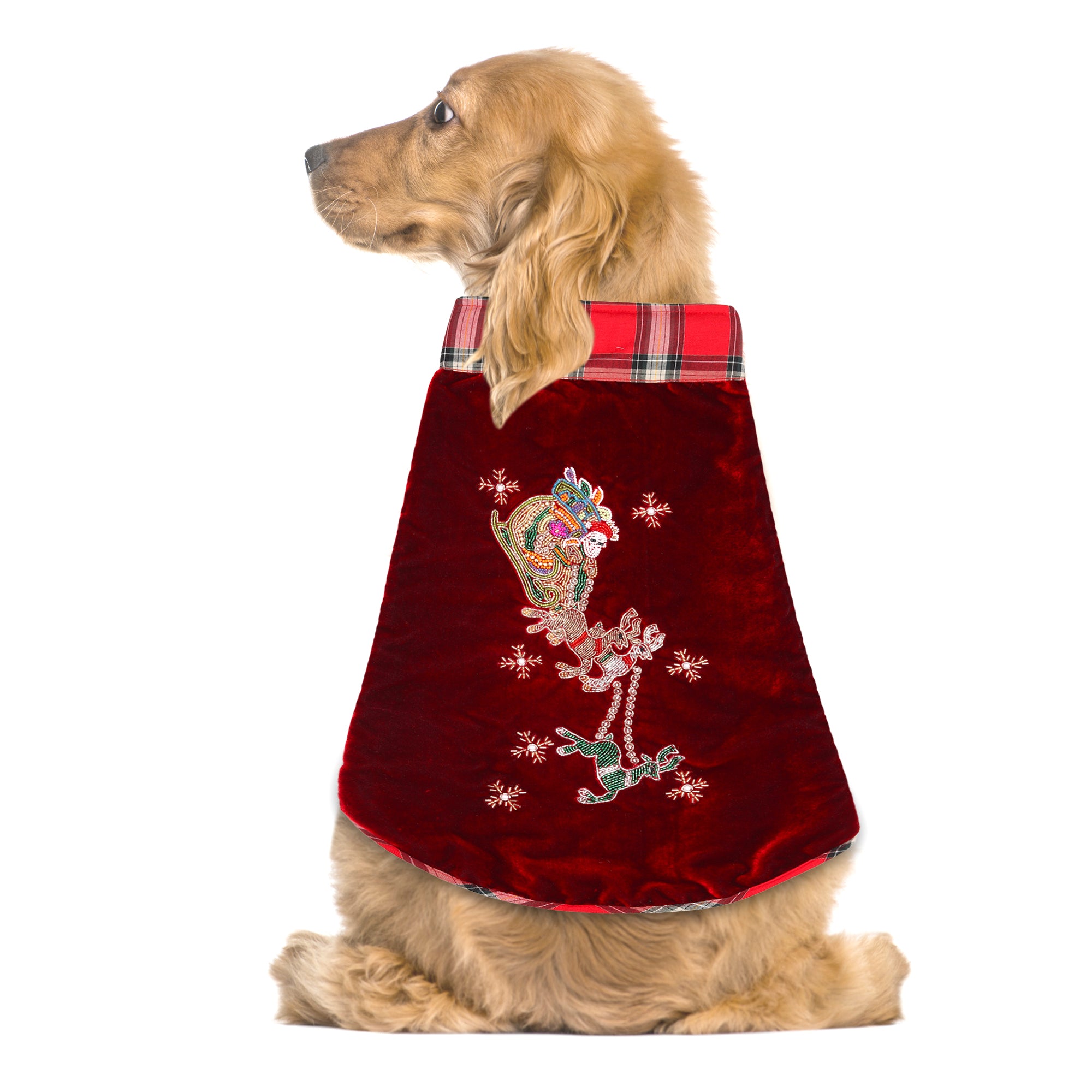 Red Christmas Dog jacket Embroided Velvet Dog jacket with Santa Reindeer Carriage