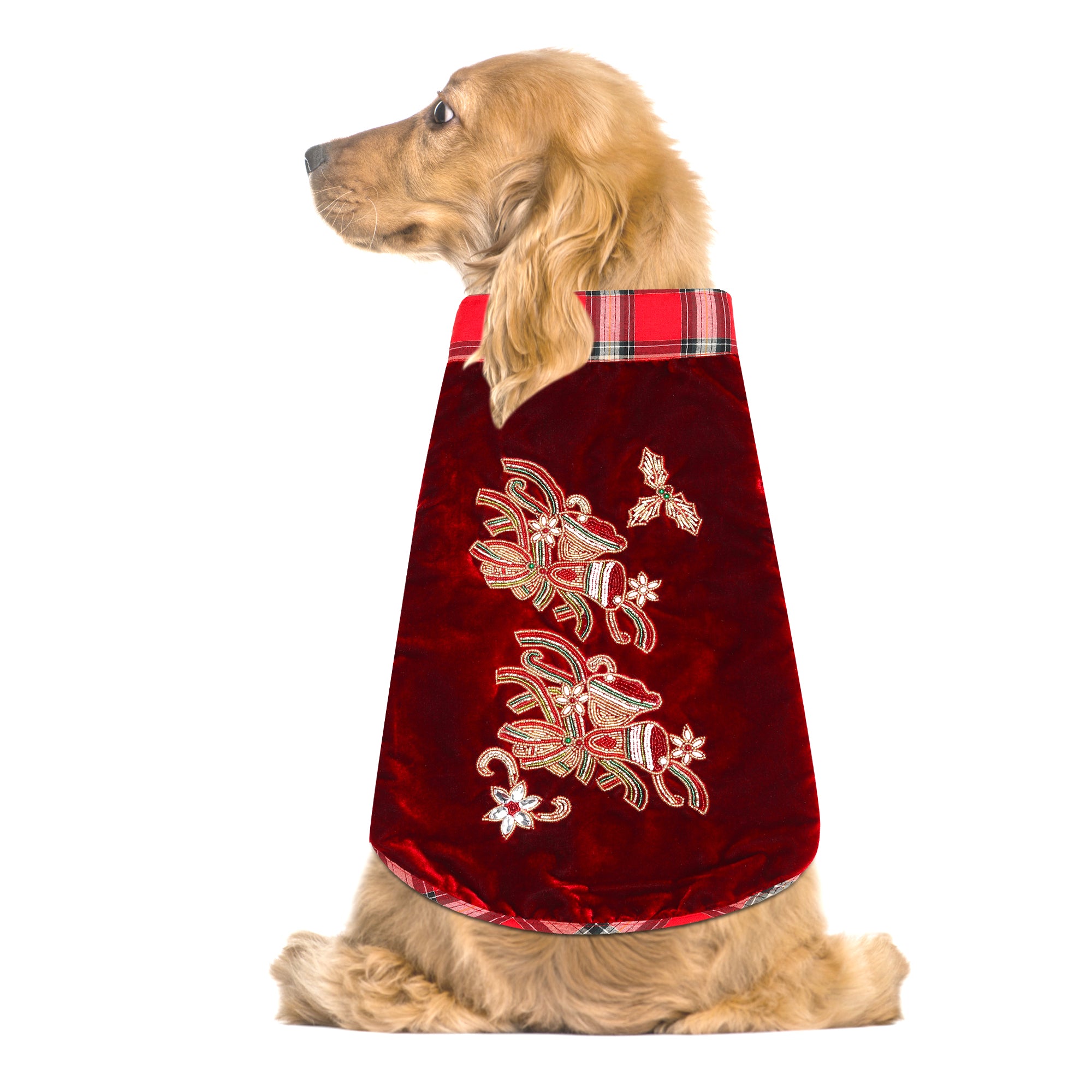 Red Christmas Dog jacket Embroided Velvet Dog jacket with Christmas Bells
