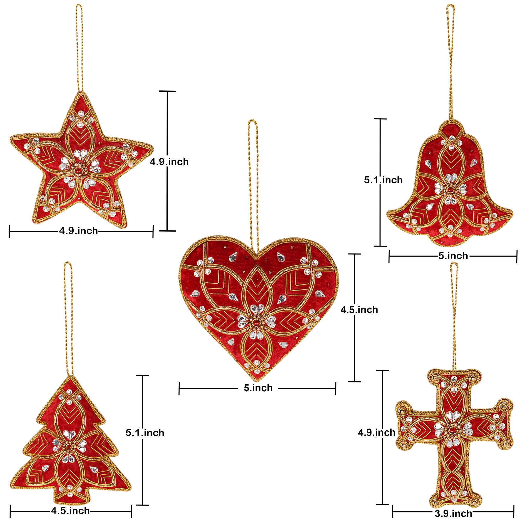 Holiday Fun-Stars, Hearts, Cross, Bell & tree Christmas ornaments set of 5 pieces for holiday decor (1SET=5PC)