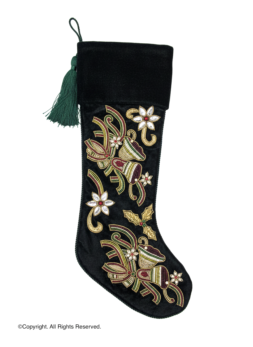PERSONALISED CHRISTMAS BELLS EMBROIDED GREEN VELVET CHRISTMAS STOCKING