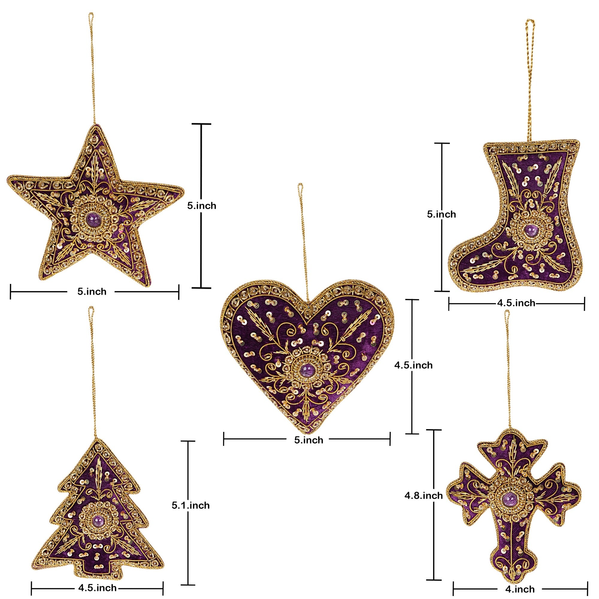 Festive shine Stars, Hearts, Cross, Shoe & tree Christmas ornaments set of 5 pieces for holiday decor (1SET=5PC)