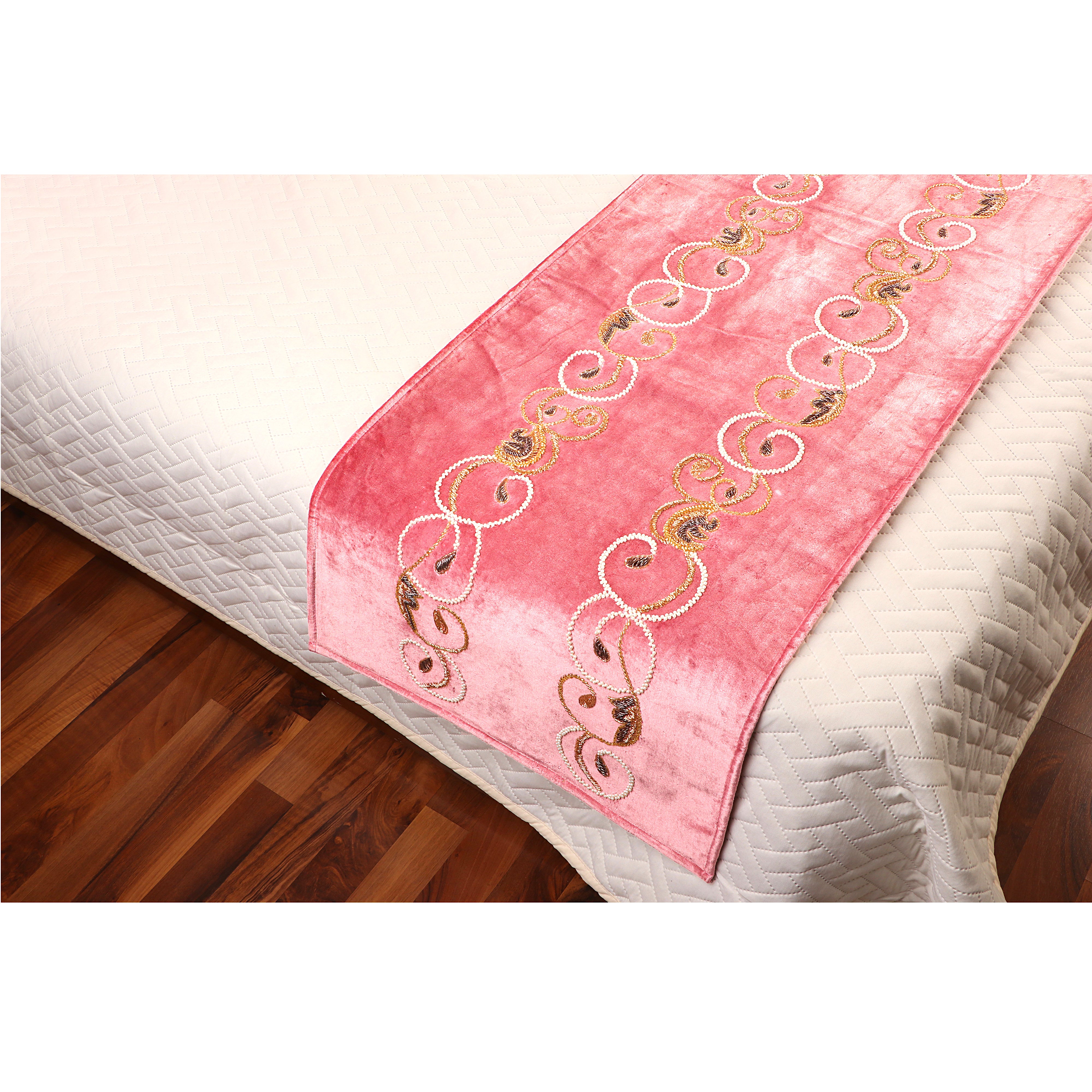 Autumn Swirl -Rose pink Velvet Bed runner With Matching Decorative Throw Pillows Handbeaded in swirl leaf pattern