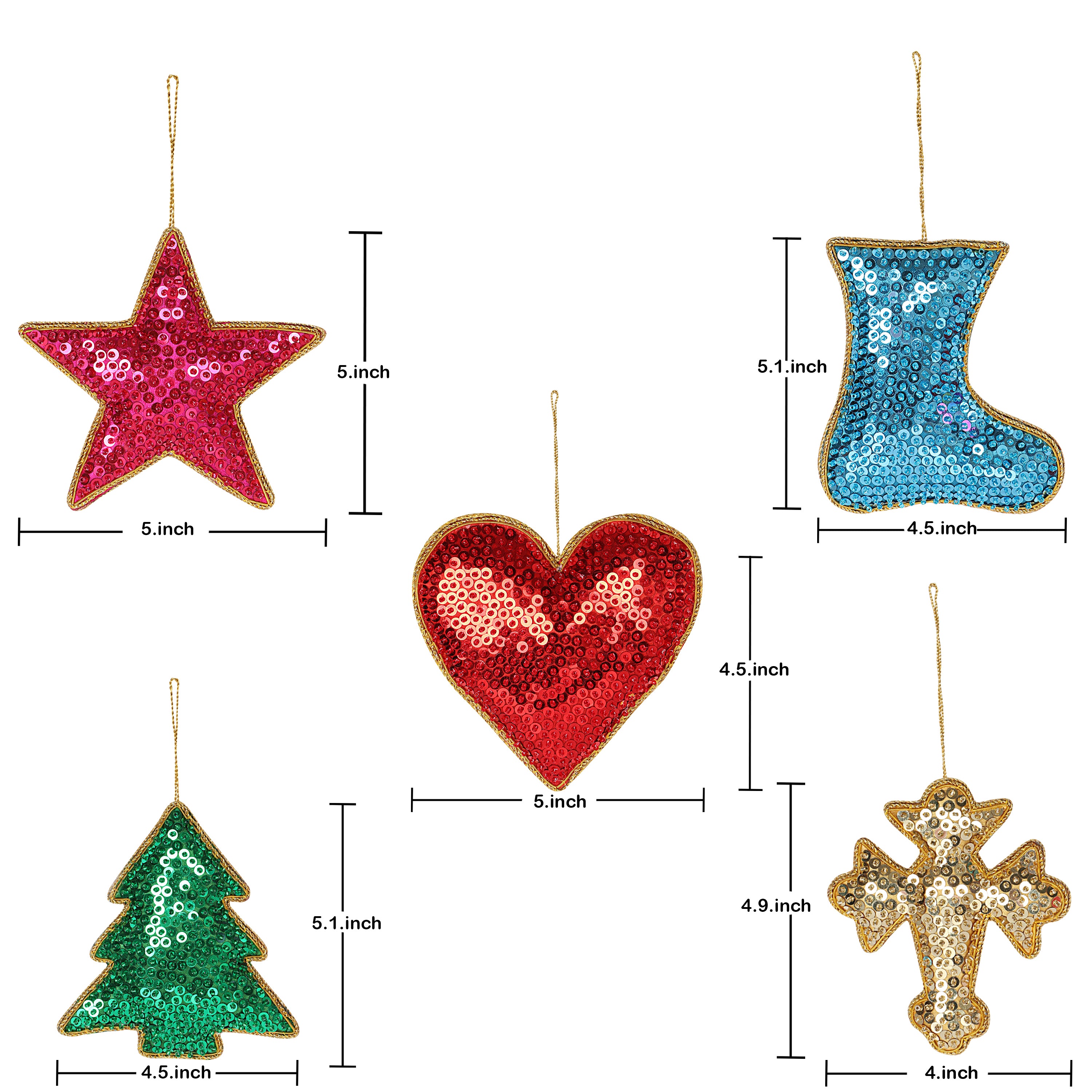 Sparkling Charm - Stars, Hearts, Cross, Shoe & tree Christmas ornaments set of 5 pieces for holiday decor (1SET=5PC)