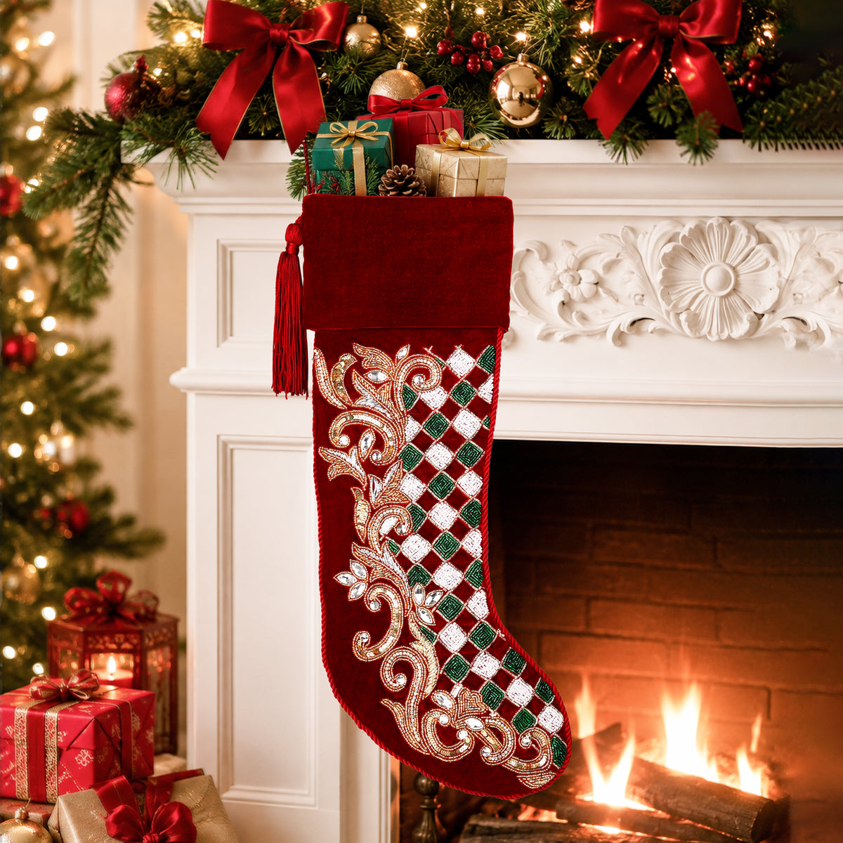 Personalized Holly leaves beaded Red Velvet Christmas stocking