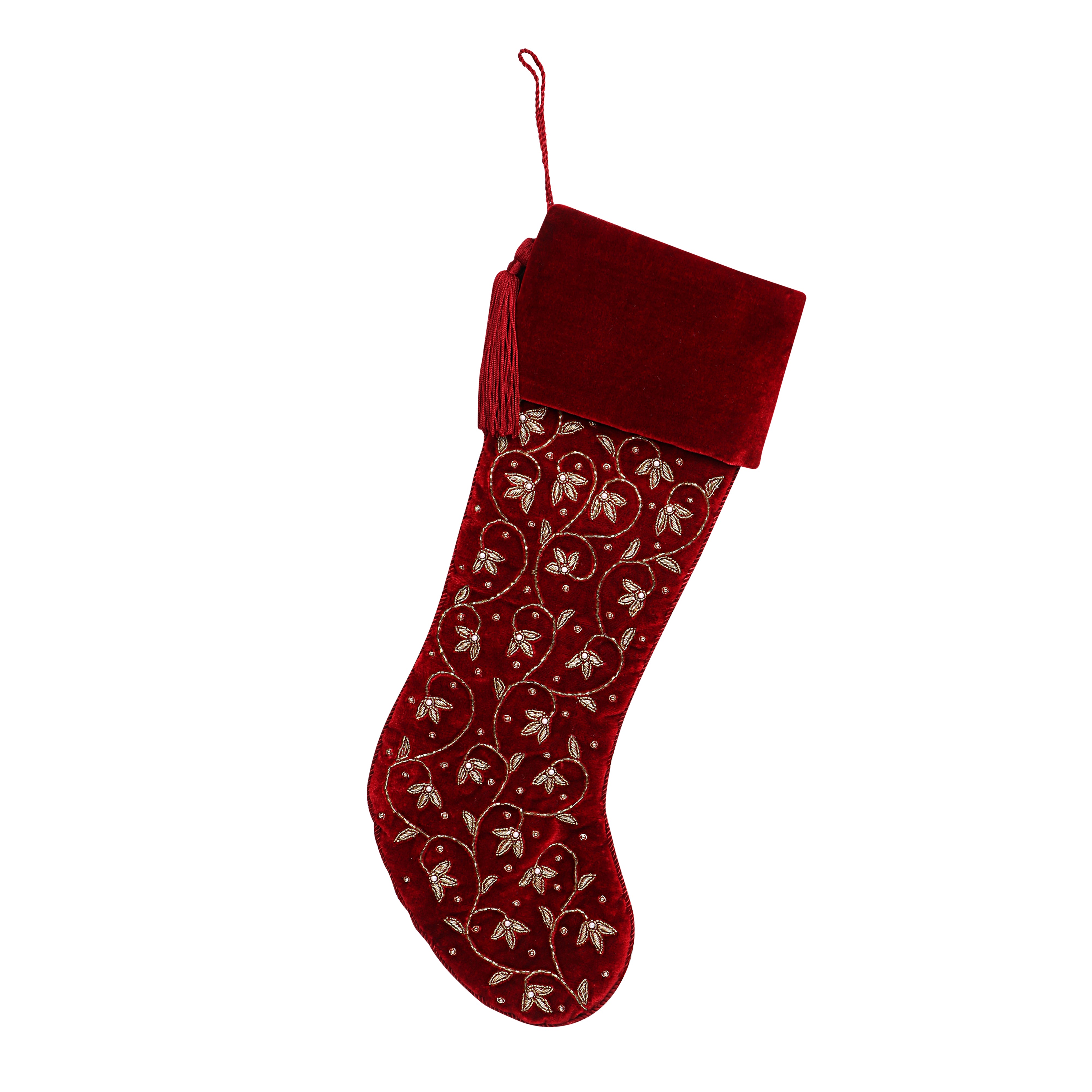 Personalised Intricate leaf Christmas Stocking- Red Velvet Christmas stocking Embroided with intricate leaf