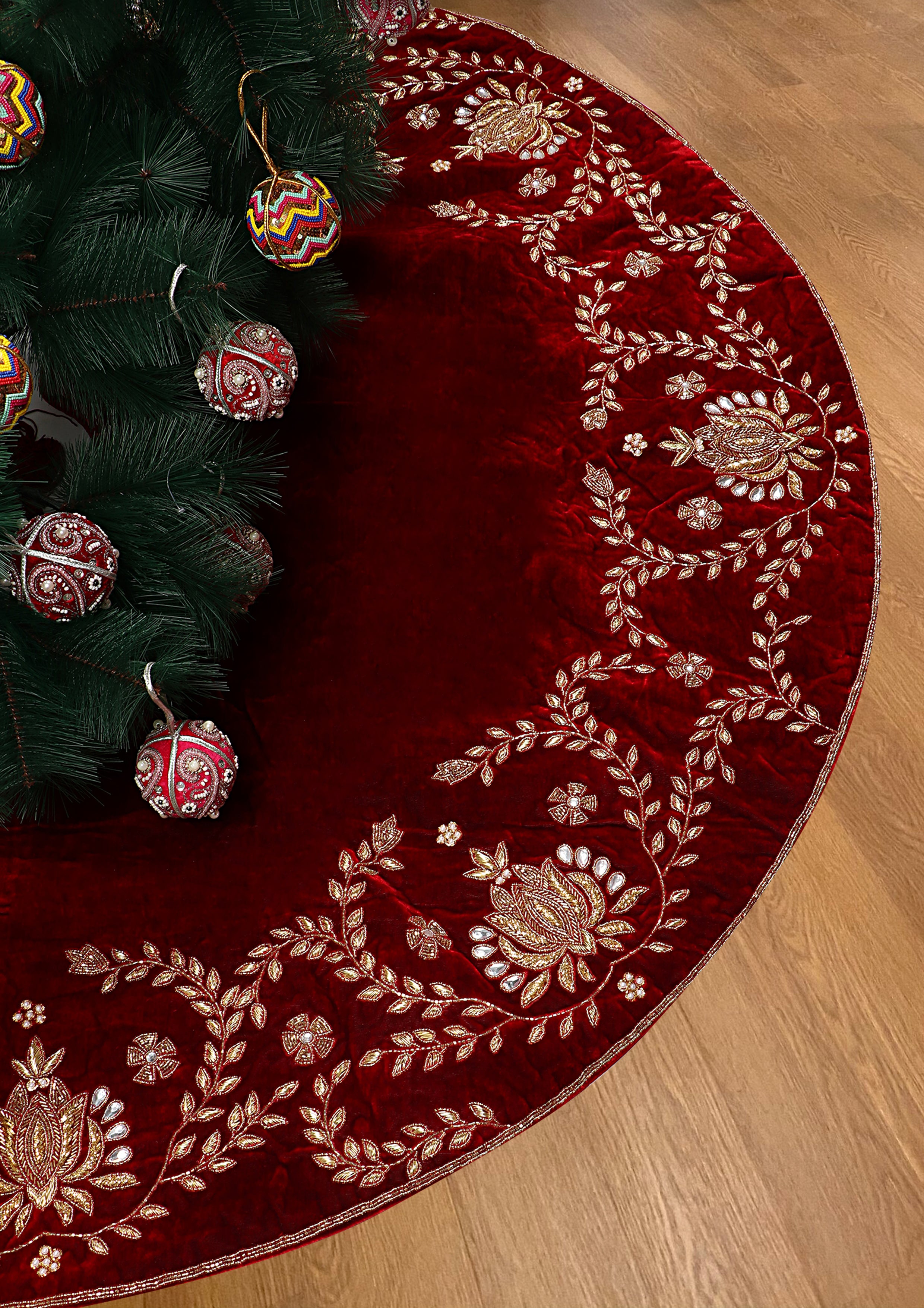 Beaded Lotus Red Velvet Christmas Tree Skirt & Matching Christmas Stocking Set