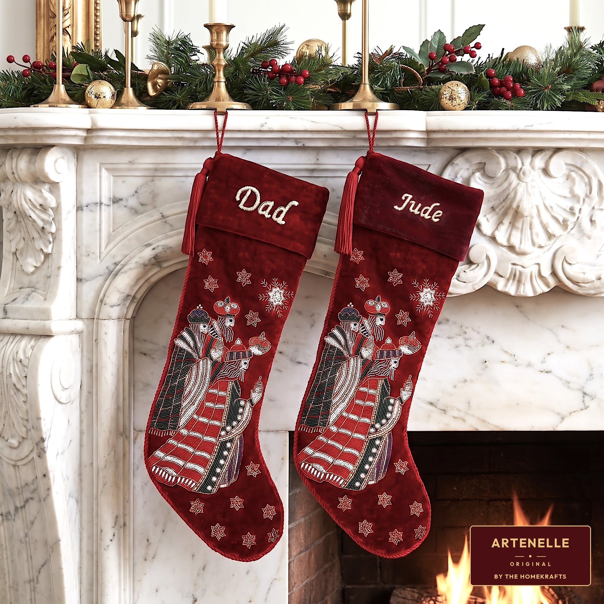 Personalized Beaded Three Kings Red Velvet Christmas Stocking