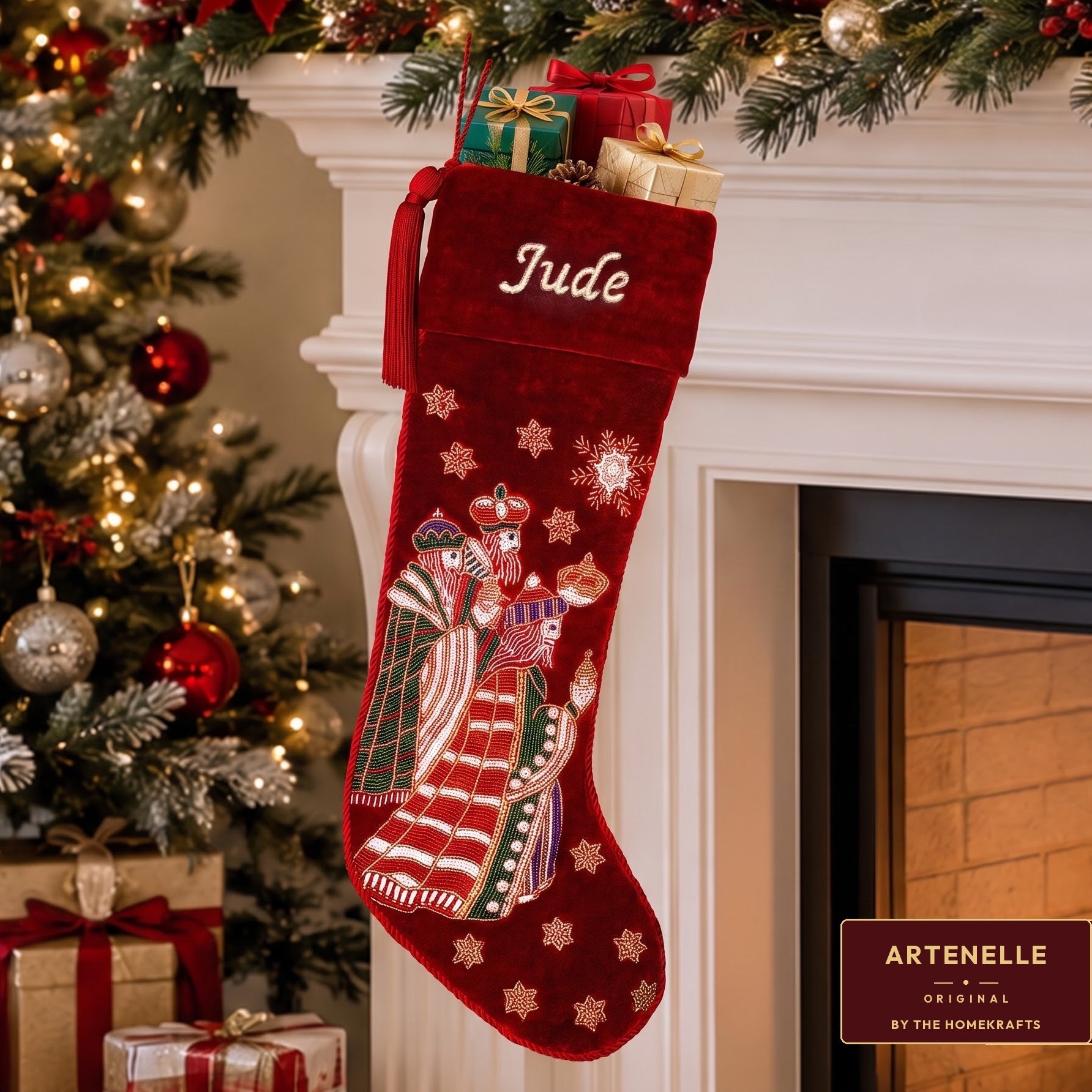 Personalized Beaded Three Kings Red Velvet Christmas Stocking