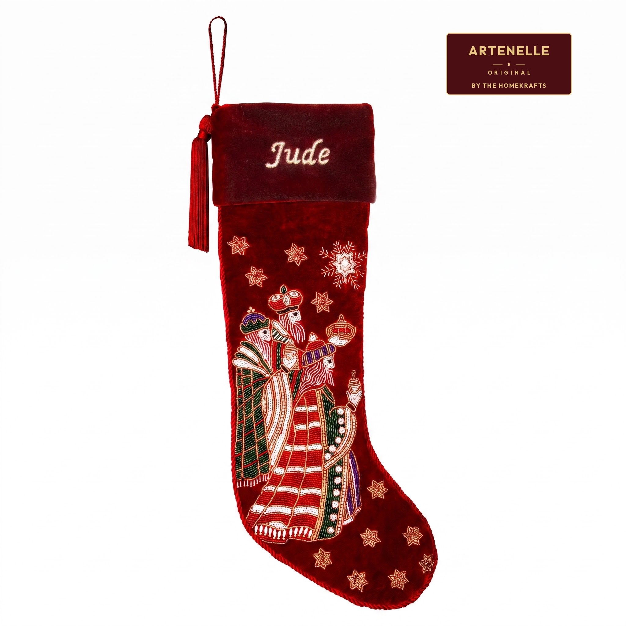 Personalized Beaded Three Kings Red Velvet Christmas Stocking
