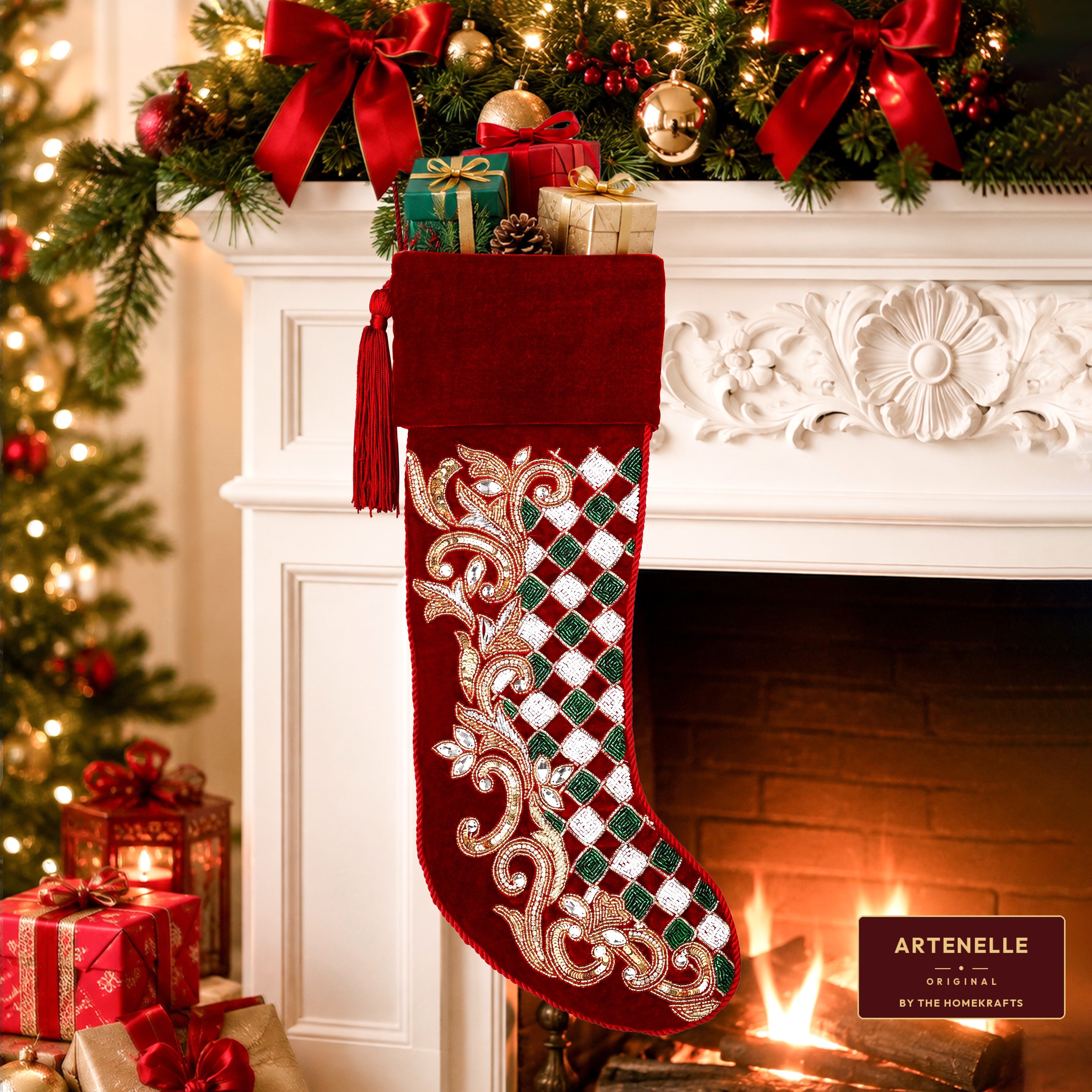 Personalized Holly leaves beaded Red Velvet Christmas stocking