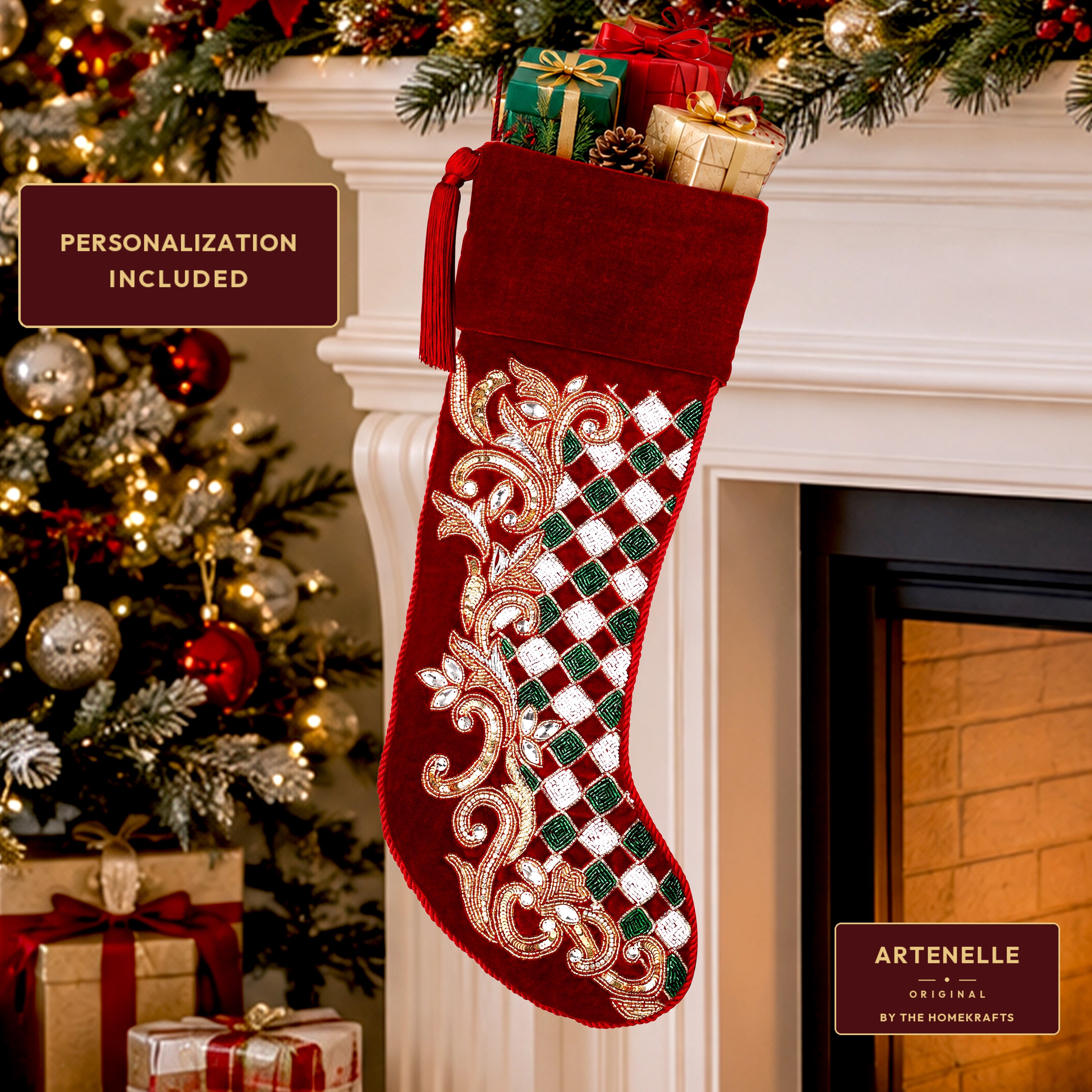 Personalized Holly leaves beaded Red Velvet Christmas stocking