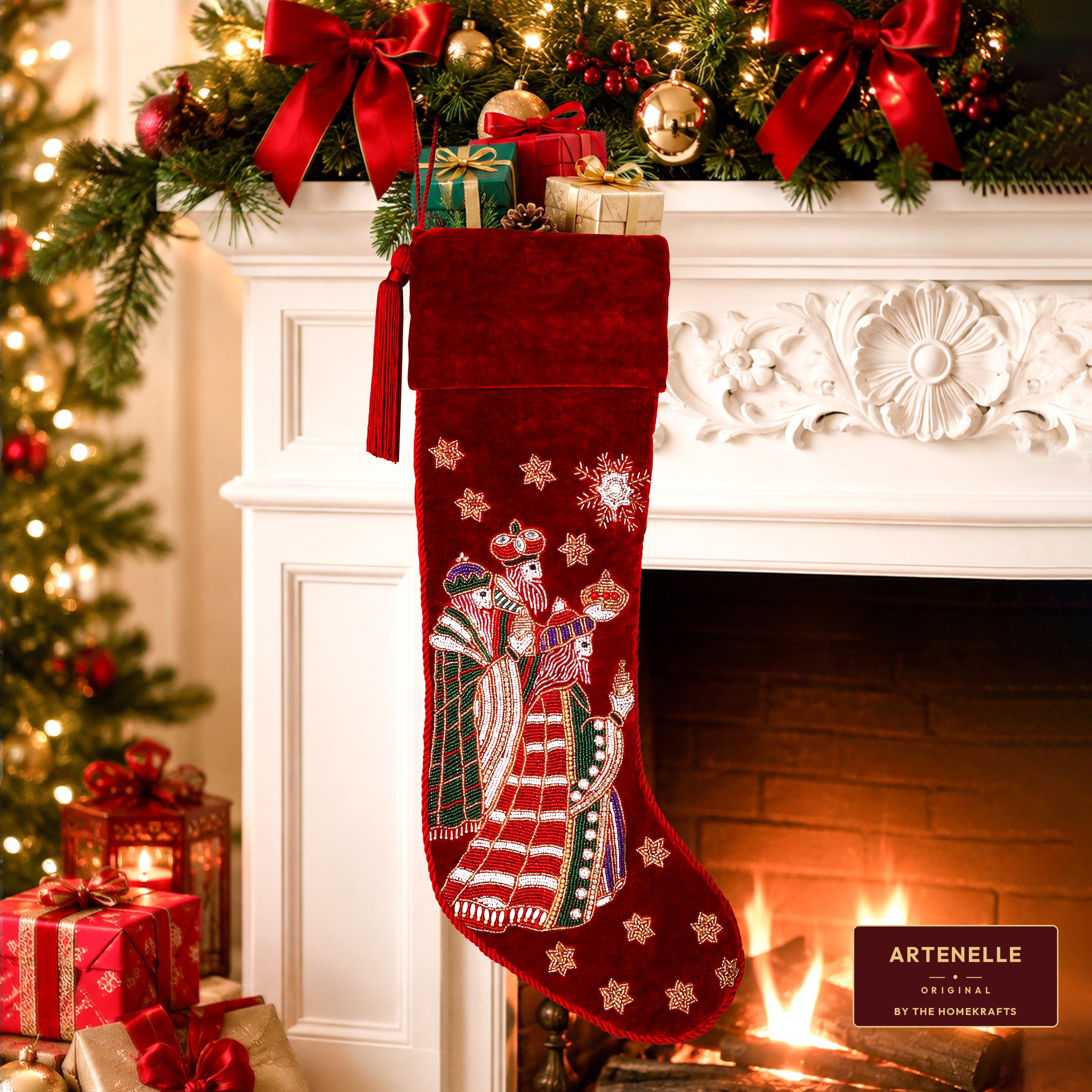 Personalized Beaded Three Kings Red Velvet Christmas Stocking