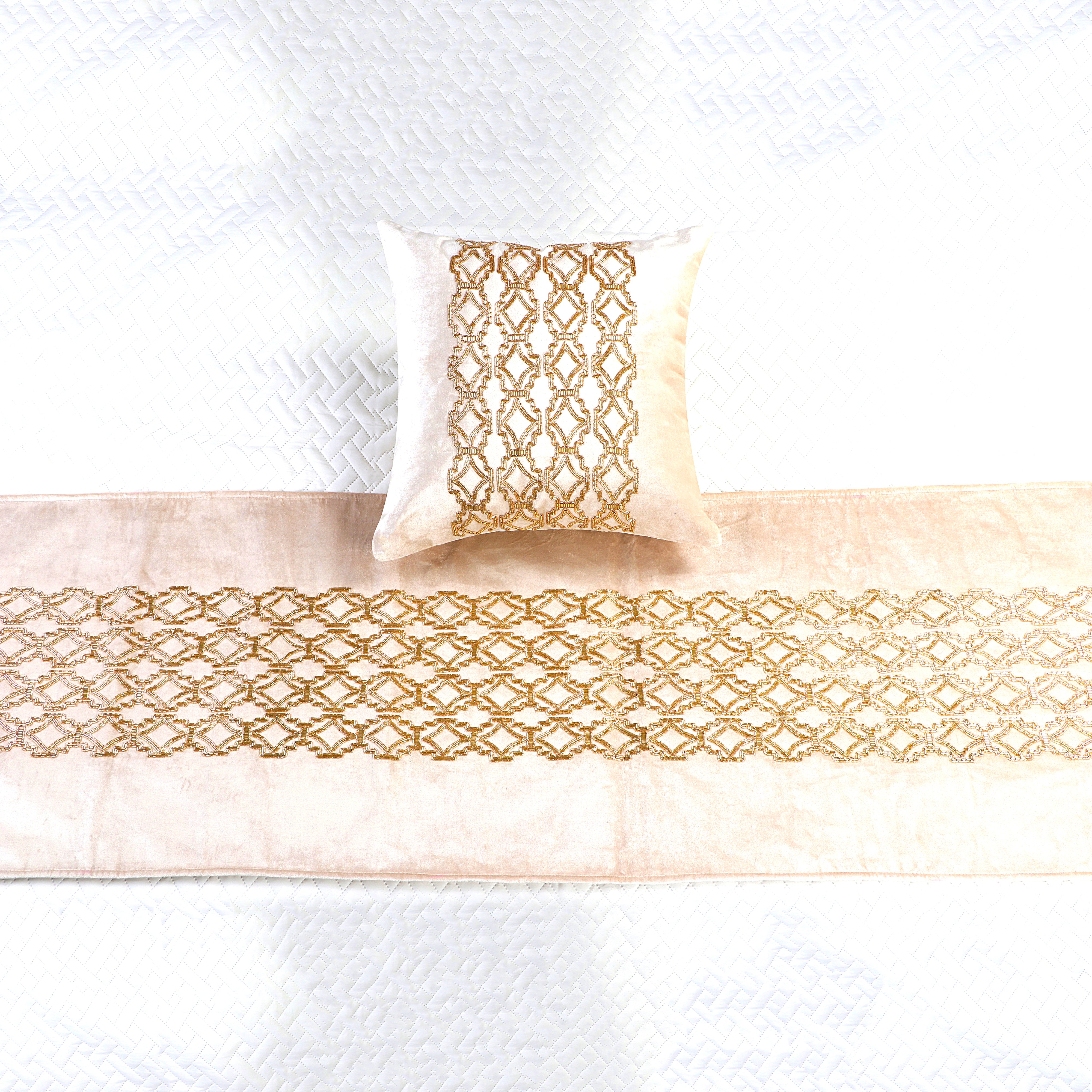 The Vintage criss cross Beige Velvet Bed Runner With Matching Decorative Throw Pillows Beaded in Criss cross pattern