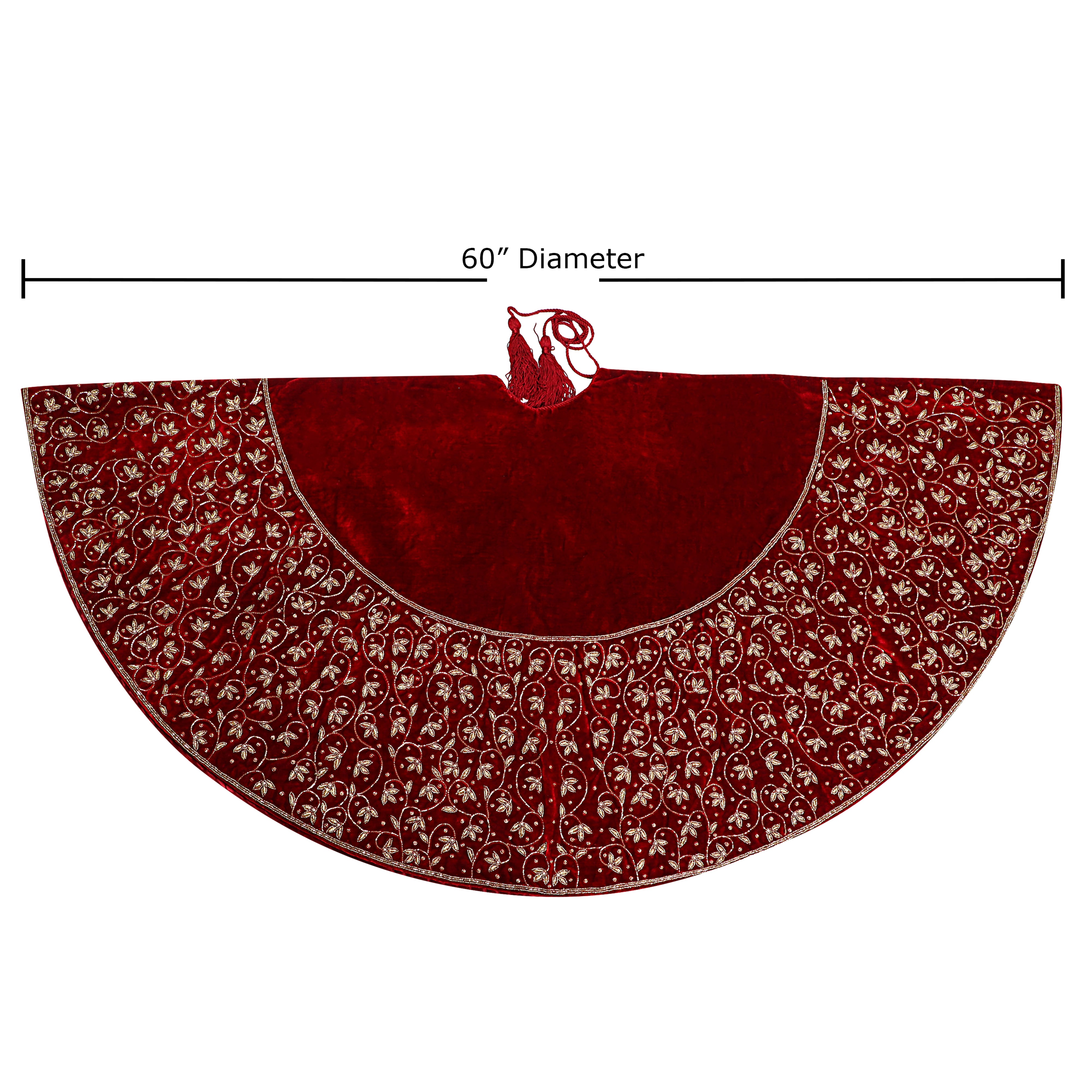 INTIMATE LEAF JAAL RED VELVET CHRISTMAS TREE SKIRT & MATCHING CHRISTMAS STOCKING SET