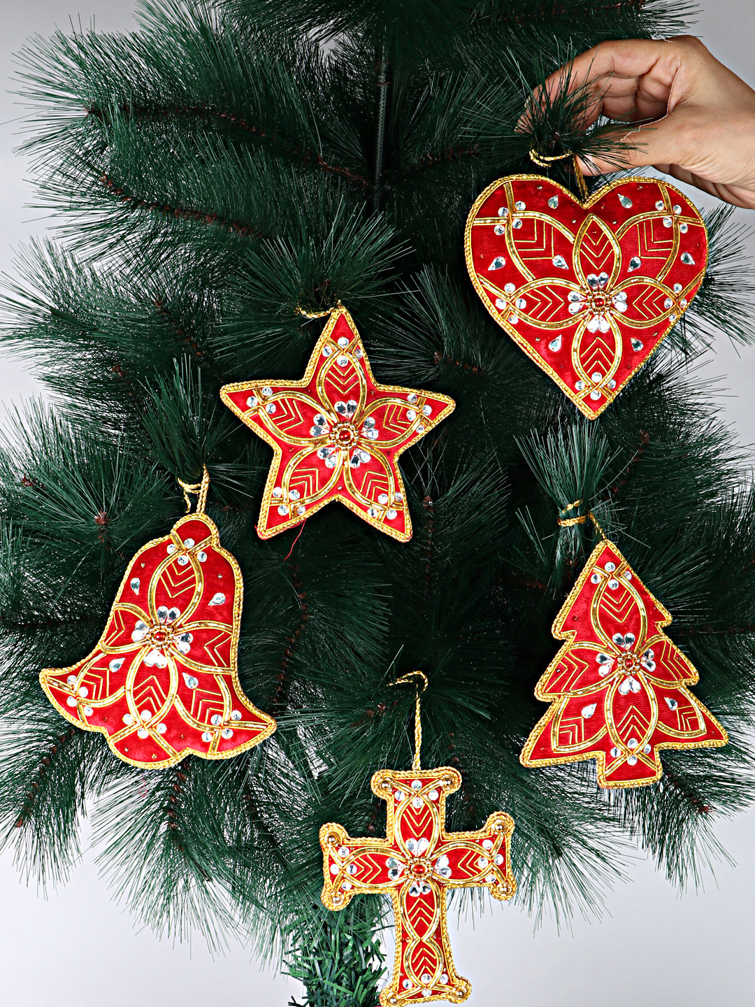 Holiday Fun-Stars, Hearts, Cross, Bell & tree Christmas ornaments set of 5 pieces for holiday decor (1SET=5PC)