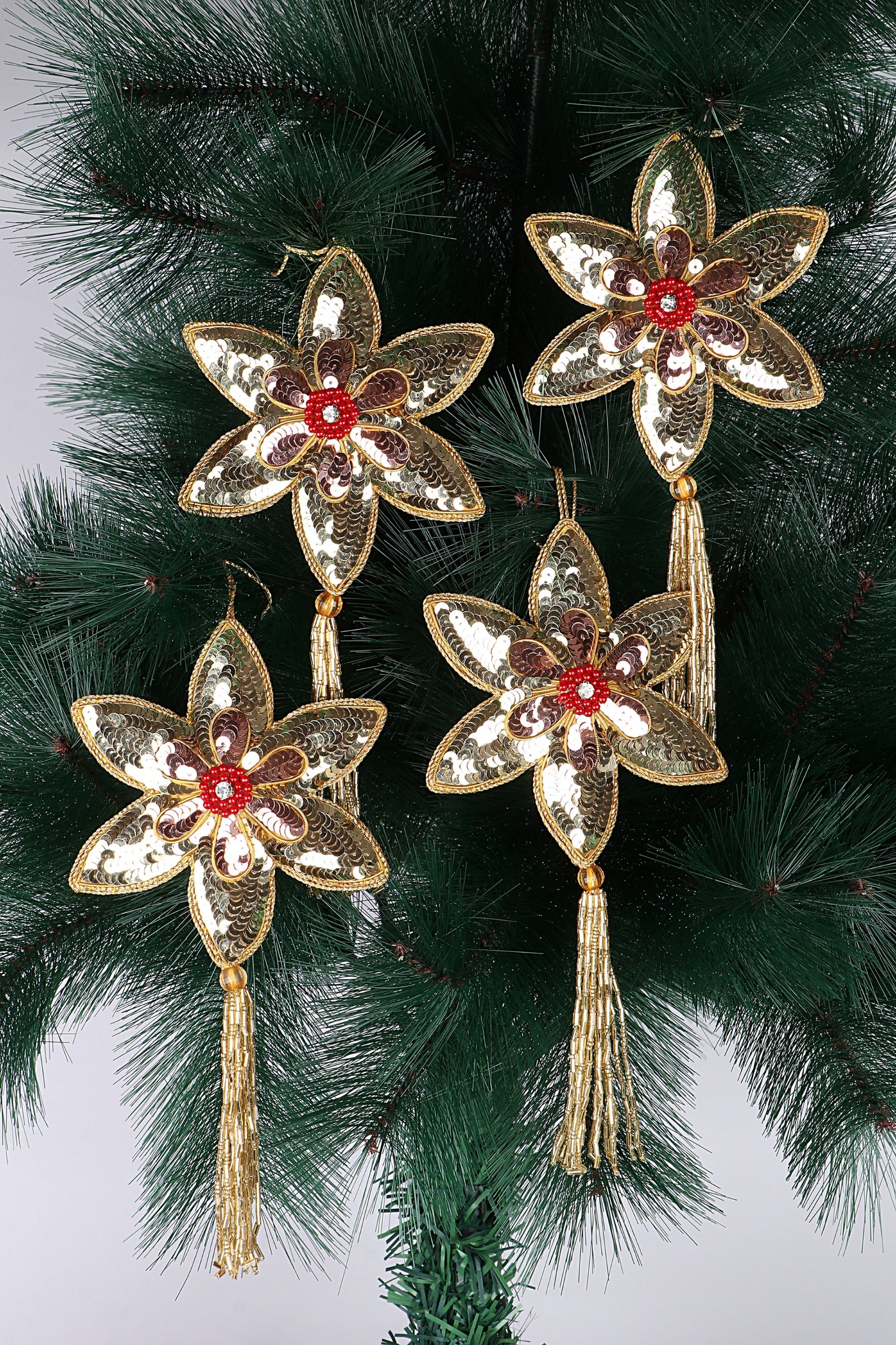 Sparkly Poinsettia Christmas ornaments set of 4 pieces for Holiday Decor