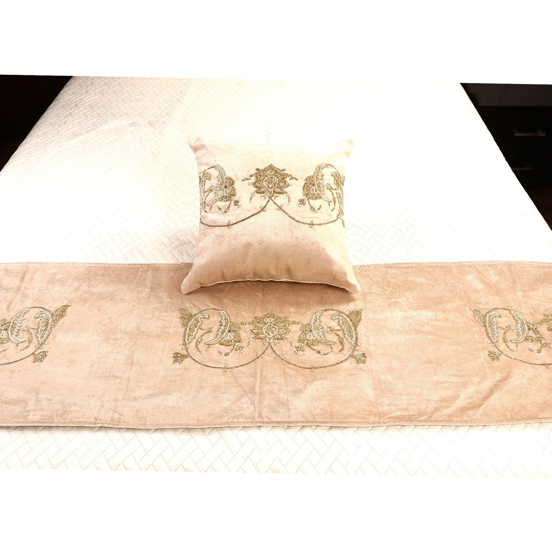 The Victorian Beige Velvet Bed Runner With Matching Decorative Throw Pillows Beaded in victorian Leaf