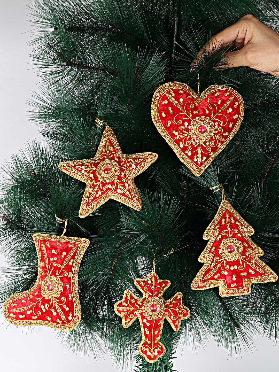 Festive shine Stars, Hearts, Cross, Shoe & tree Christmas ornaments set of 5 pieces for holiday decor (1SET=5PC)