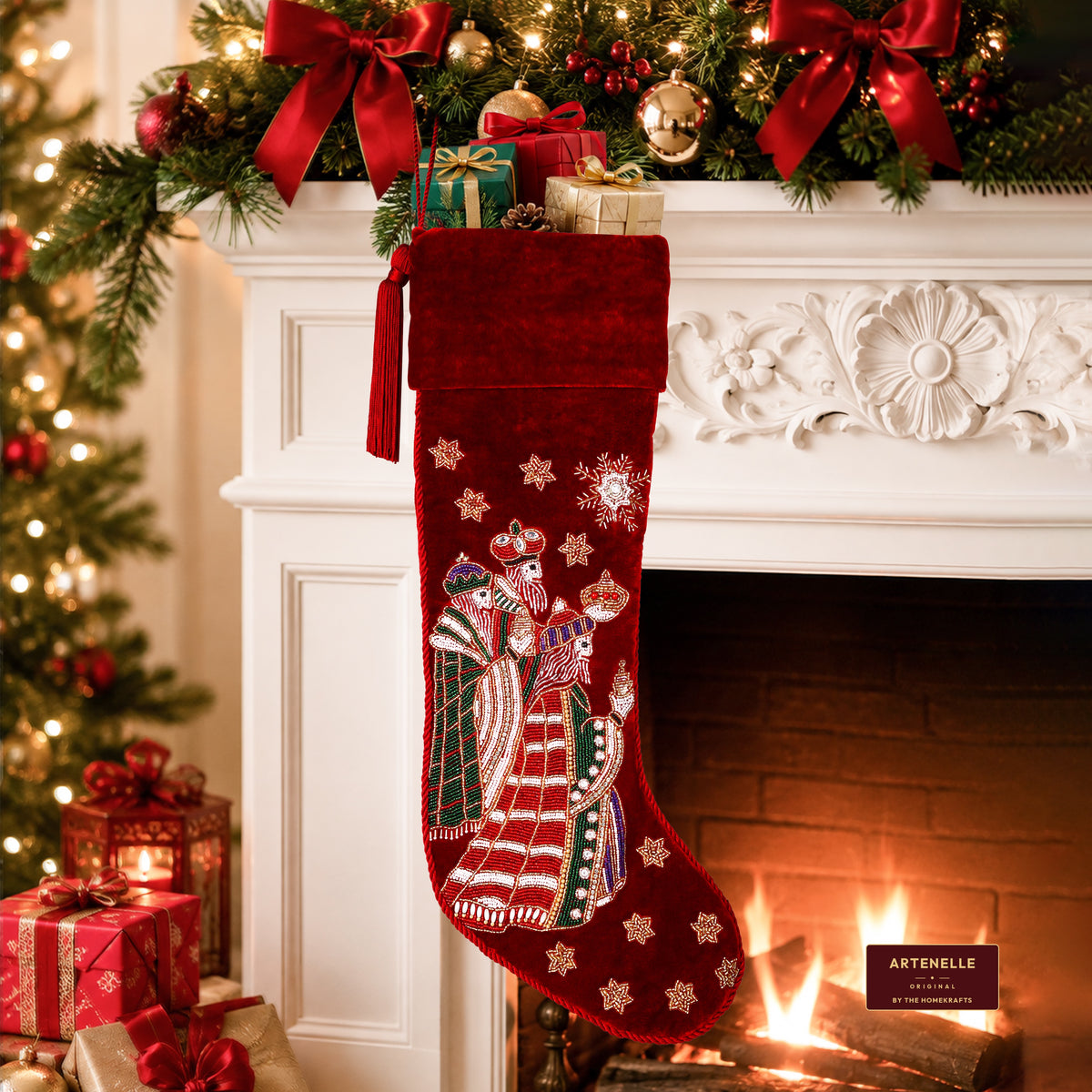 Personalized Beaded Three Kings Red Velvet Christmas Stocking