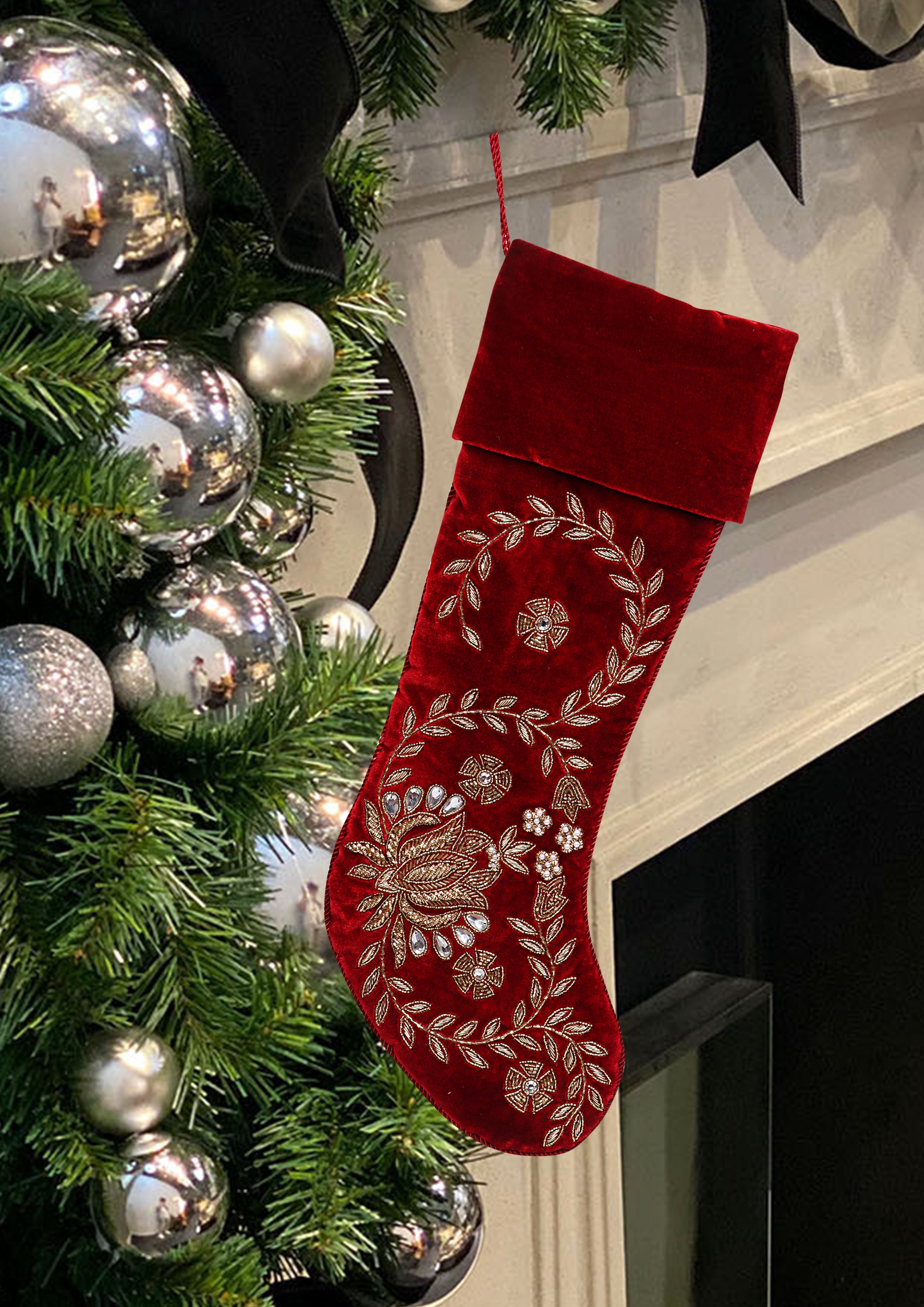 PERSONALISED BEADED LOTUS RED VELVET CHRISTMAS STOCKING