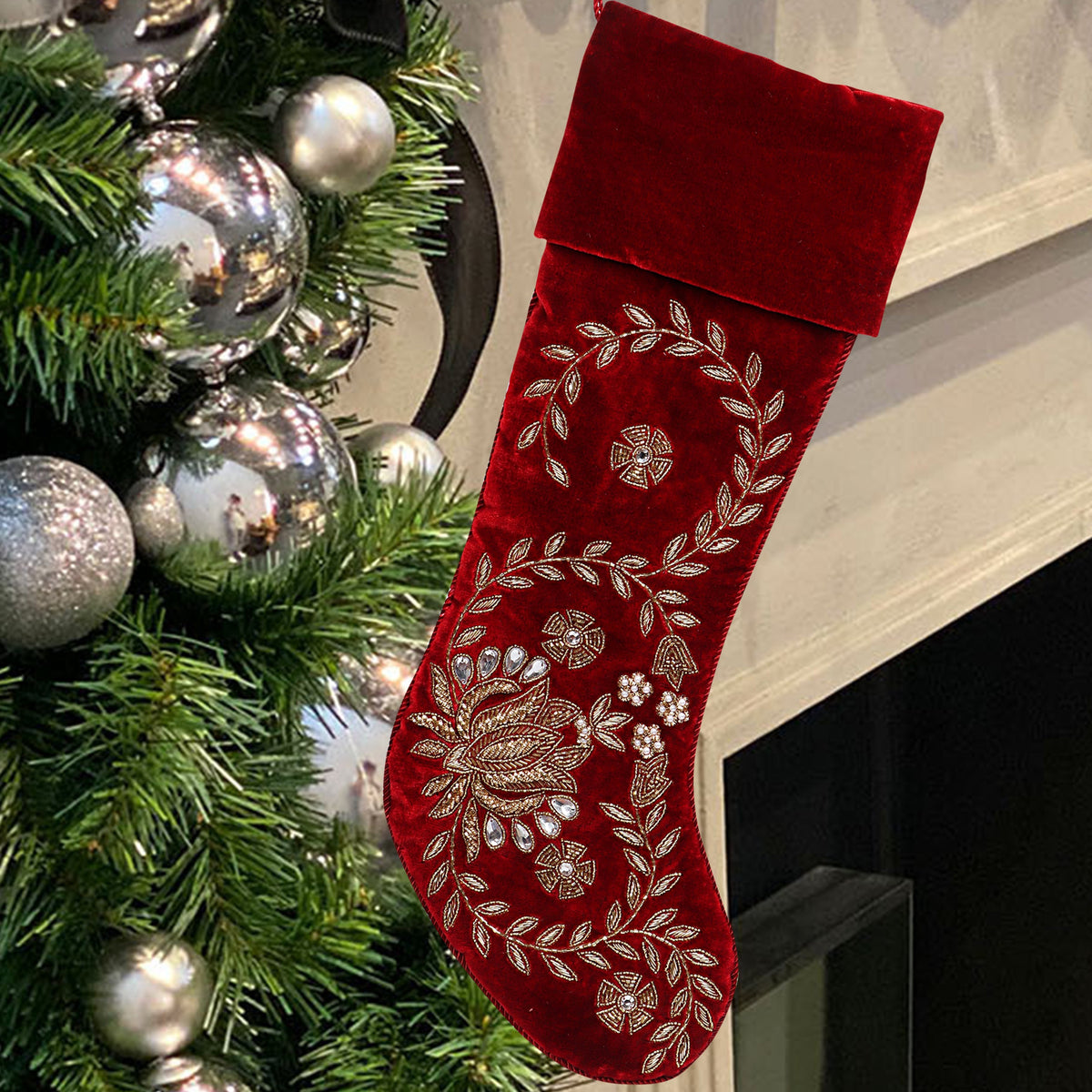 PERSONALISED BEADED LOTUS RED VELVET CHRISTMAS STOCKING