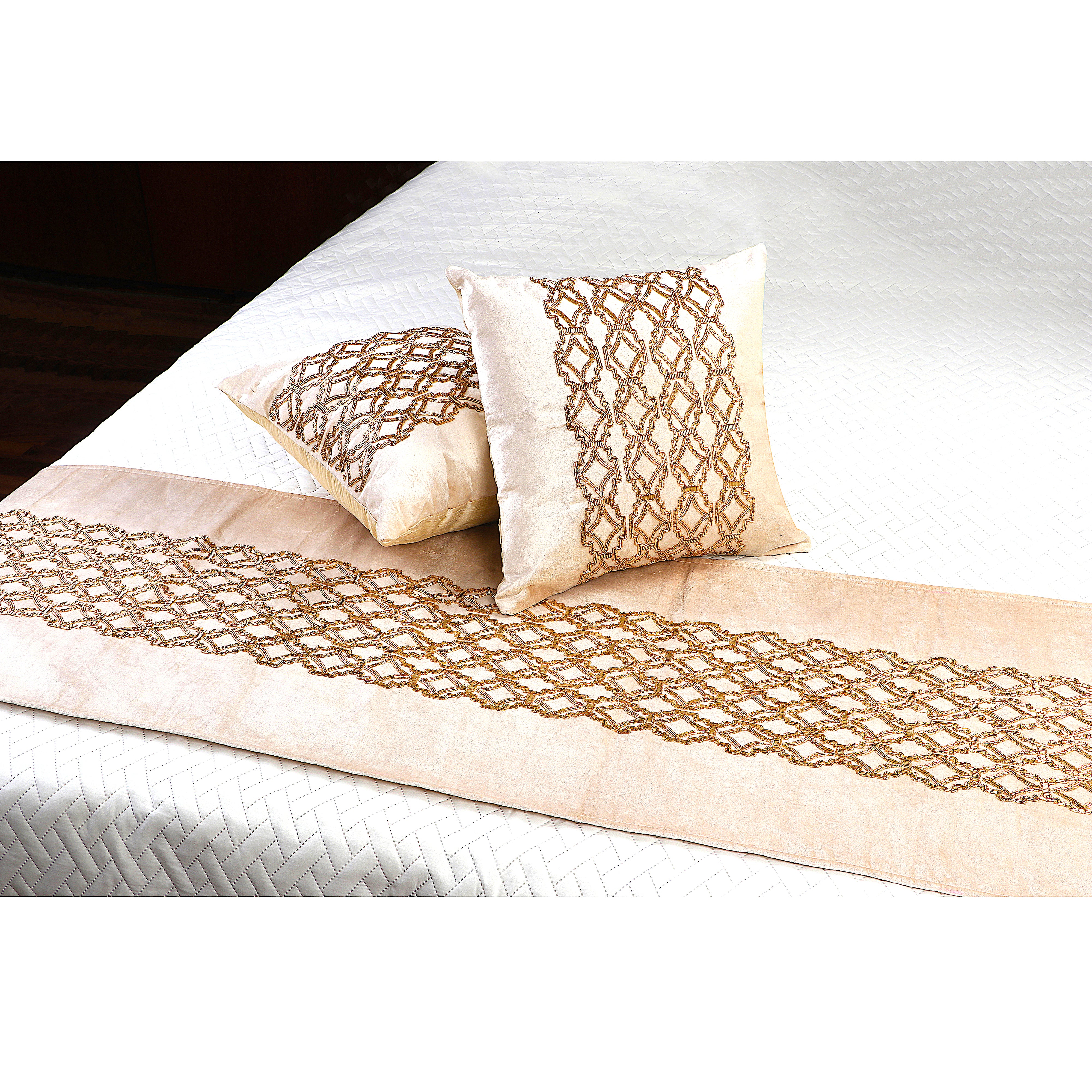The Vintage criss cross Beige Velvet Bed Runner With Matching Decorative Throw Pillows Beaded in Criss cross pattern