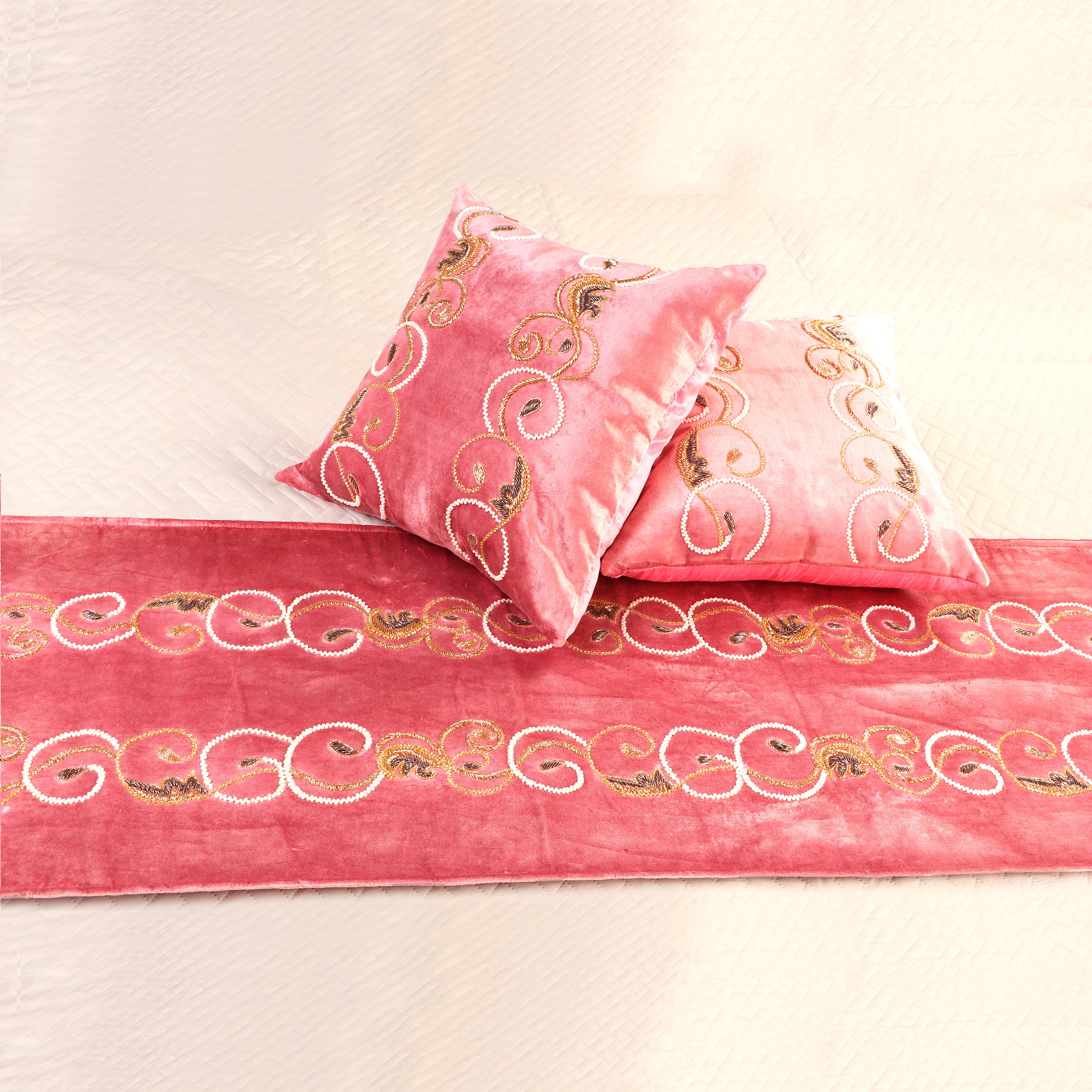 Autumn Swirl -Rose pink Velvet Bed runner With Matching Decorative Throw Pillows Handbeaded in swirl leaf pattern