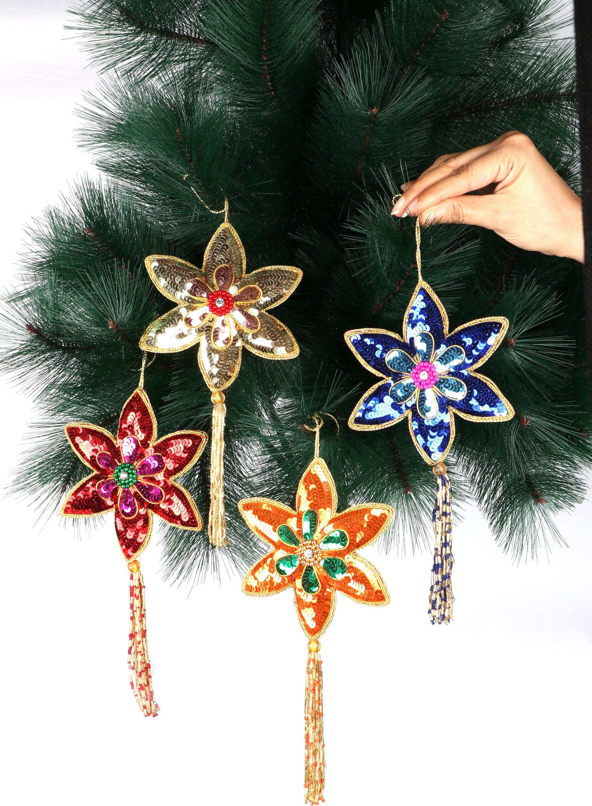 Sparkly Poinsettia Christmas ornaments set of 4 pieces for Holiday Decor